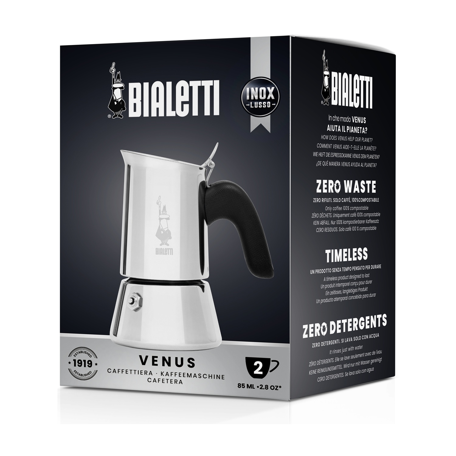 Una caffettiera espresso Bialetti Venus su una scatola nera. La scatola ha testo sul prodotto. Lo sfondo è nero.