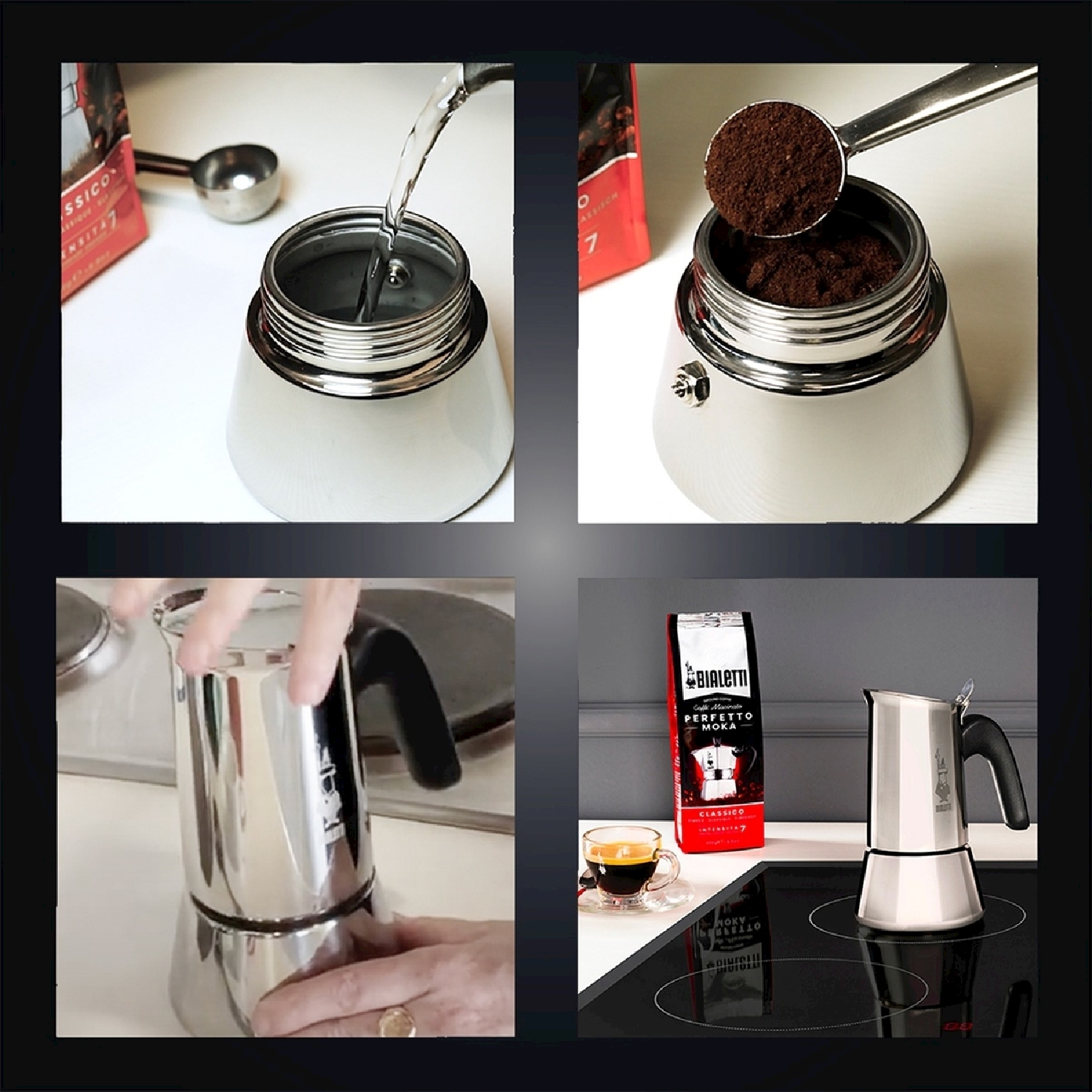 Una caffettiera viene riempita con acqua e caffè macinato. Sono visibili anche un sacchetto di caffè e una tazza di caffè.