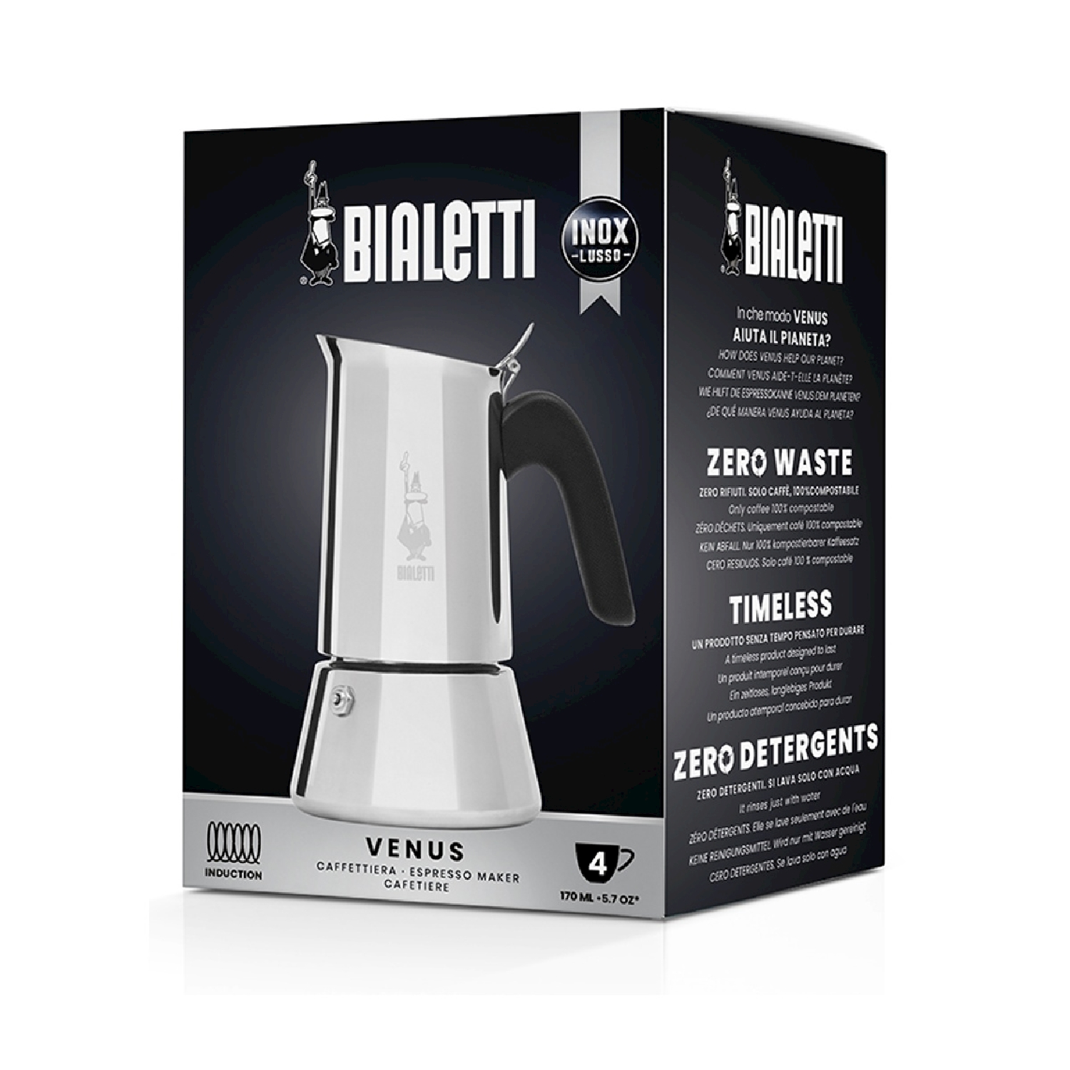 Una caffettiera espresso Bialetti Venus sulla sua scatola. La scatola è in bianco e nero, con testo e immagini.
