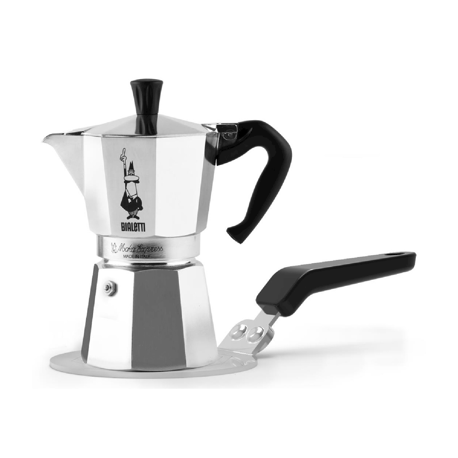 Una caffettiera Bialetti Moka Express argentata con manico e coperchio neri. Il manico è staccato. Lo sfondo è bianco.