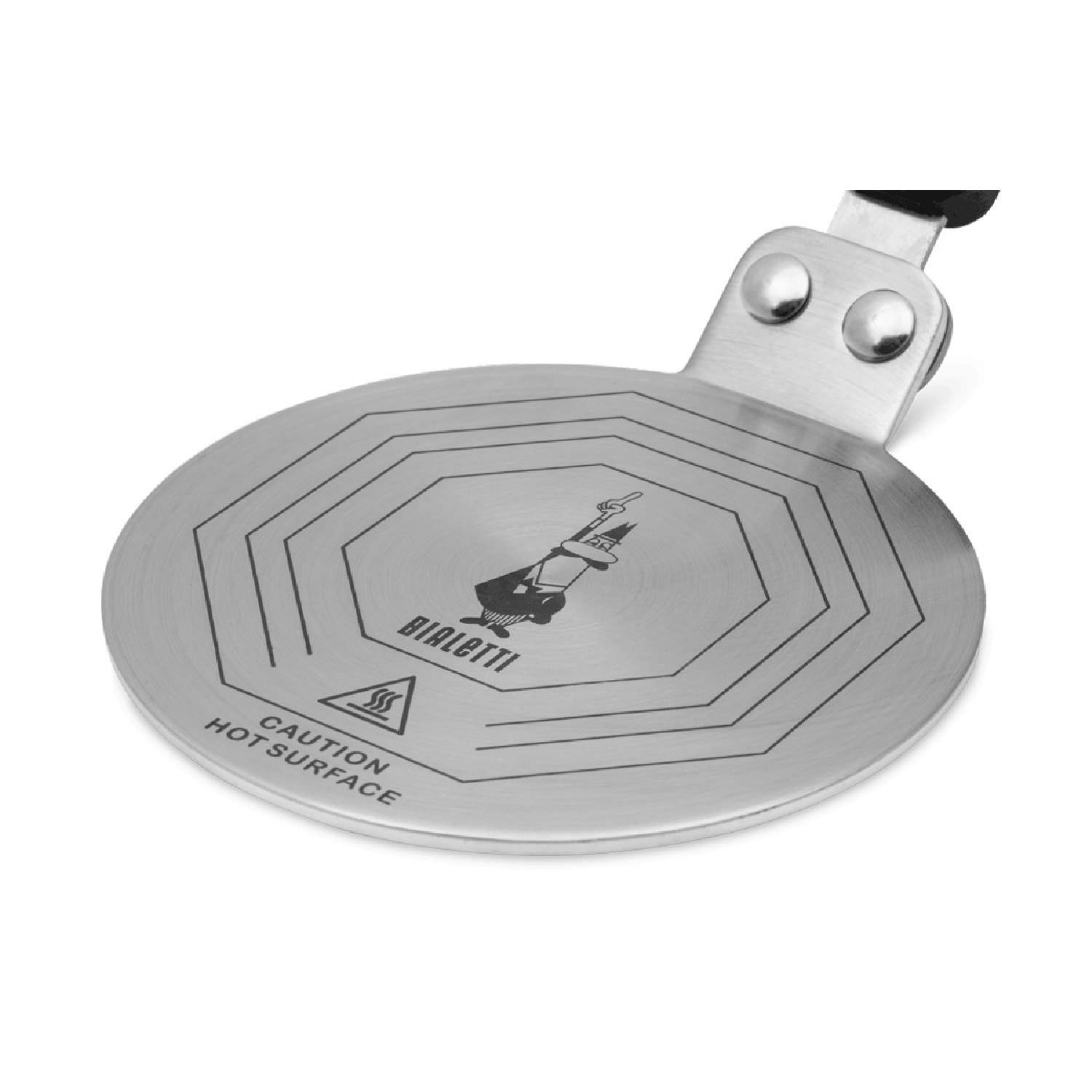Un diffusore di calore Bialetti in metallo. Ha un design circolare con linee concentriche, il logo Bialetti e un avvertimento per superficie calda.