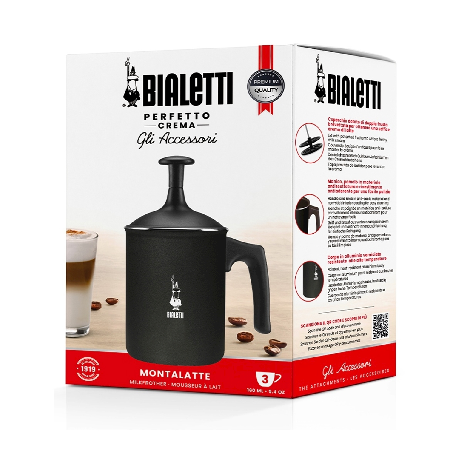 Scatola nera montalatte Bialetti, con montalatte, tazza di caffè e chicchi di caffè.