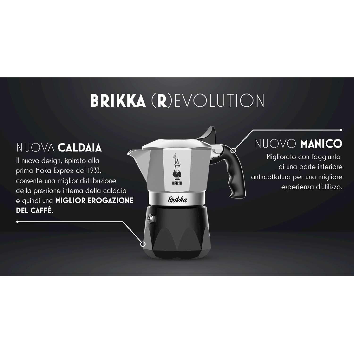 Viene mostrata una caffettiera Brikka. È nera e argentata, con testo in italiano che descrive le sue caratteristiche. Lo sfondo è scuro.