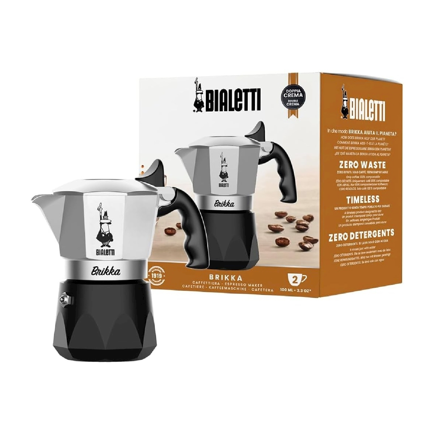 Caffettiera espresso Bialetti Brikka. Base nera, parte superiore argentata. Scatola con chicchi di caffè, testo e logo Bialetti.