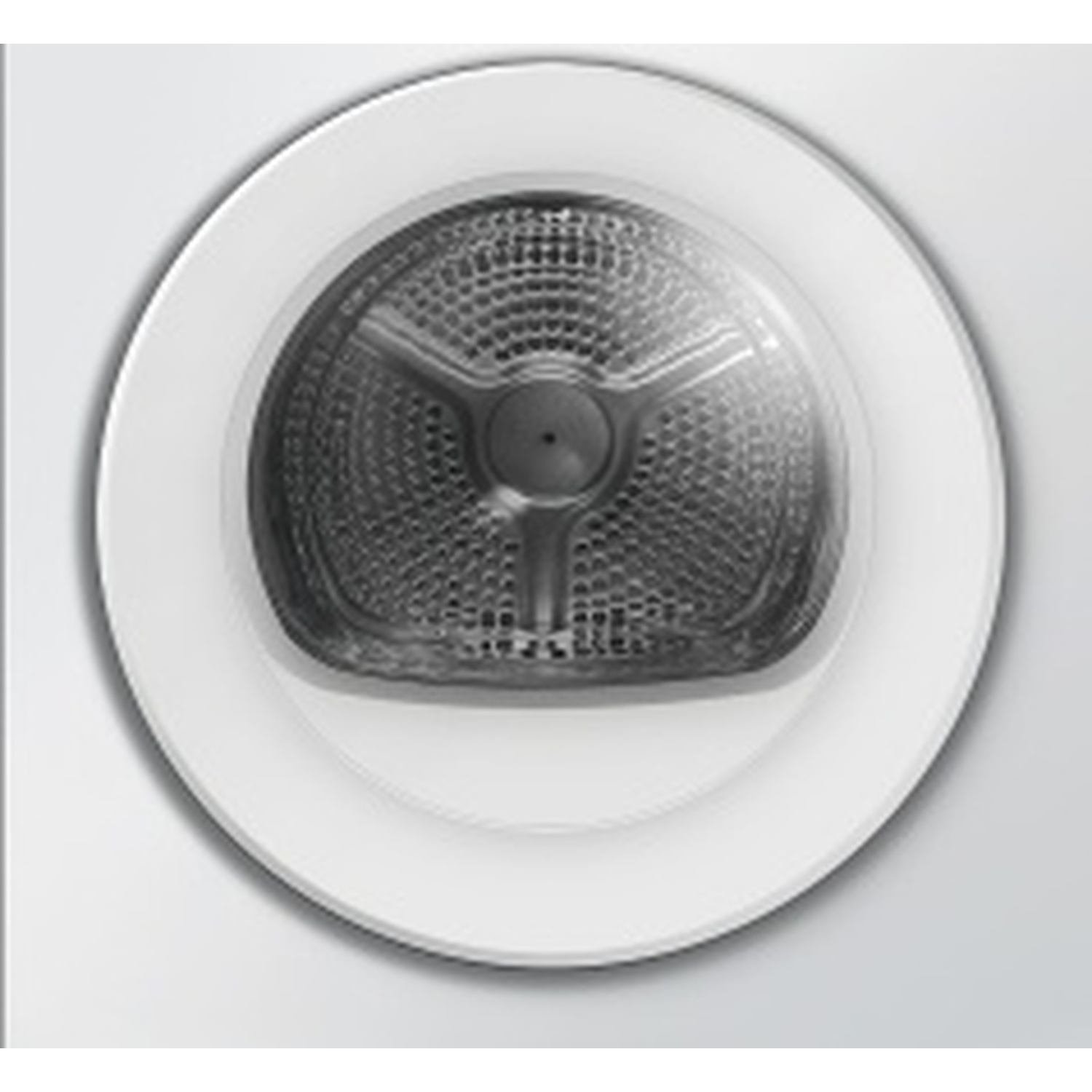 Primo piano della porta di una lavatrice. Una cornice circolare bianca circonda un cestello metallico perforato. La porta è leggermente incassata.
