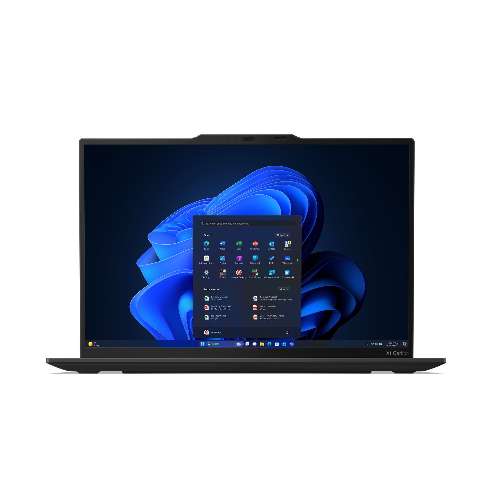 Schwarzer Laptop zeigt Windows 11. Auf dem Bildschirm App-Symbole, Suchleiste und Taskleiste unten.