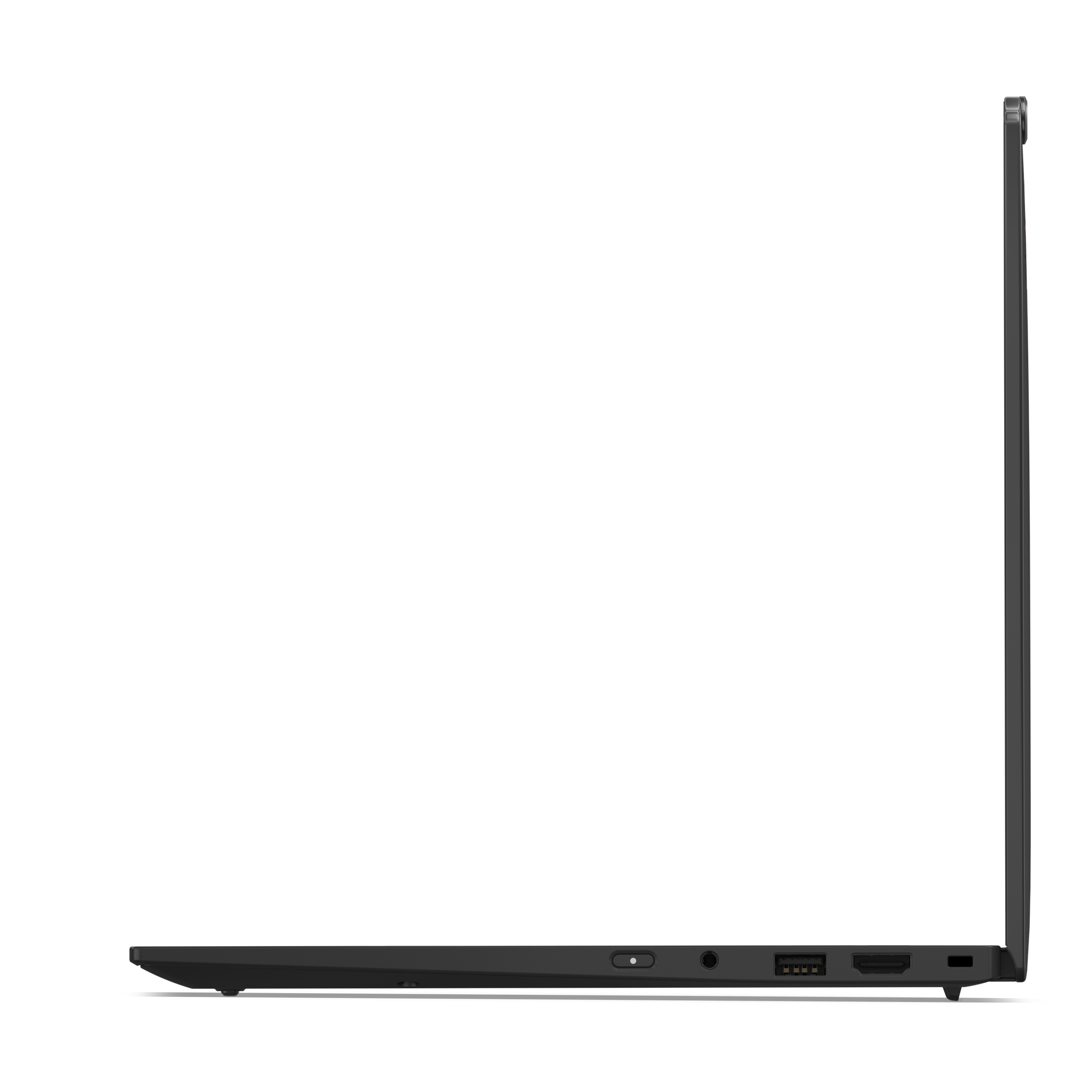 Seitenansicht eines schwarzen Laptops. Der Bildschirm ist geschlossen und zeigt das Seitenprofil mit Anschlüssen und einem Einschalter.