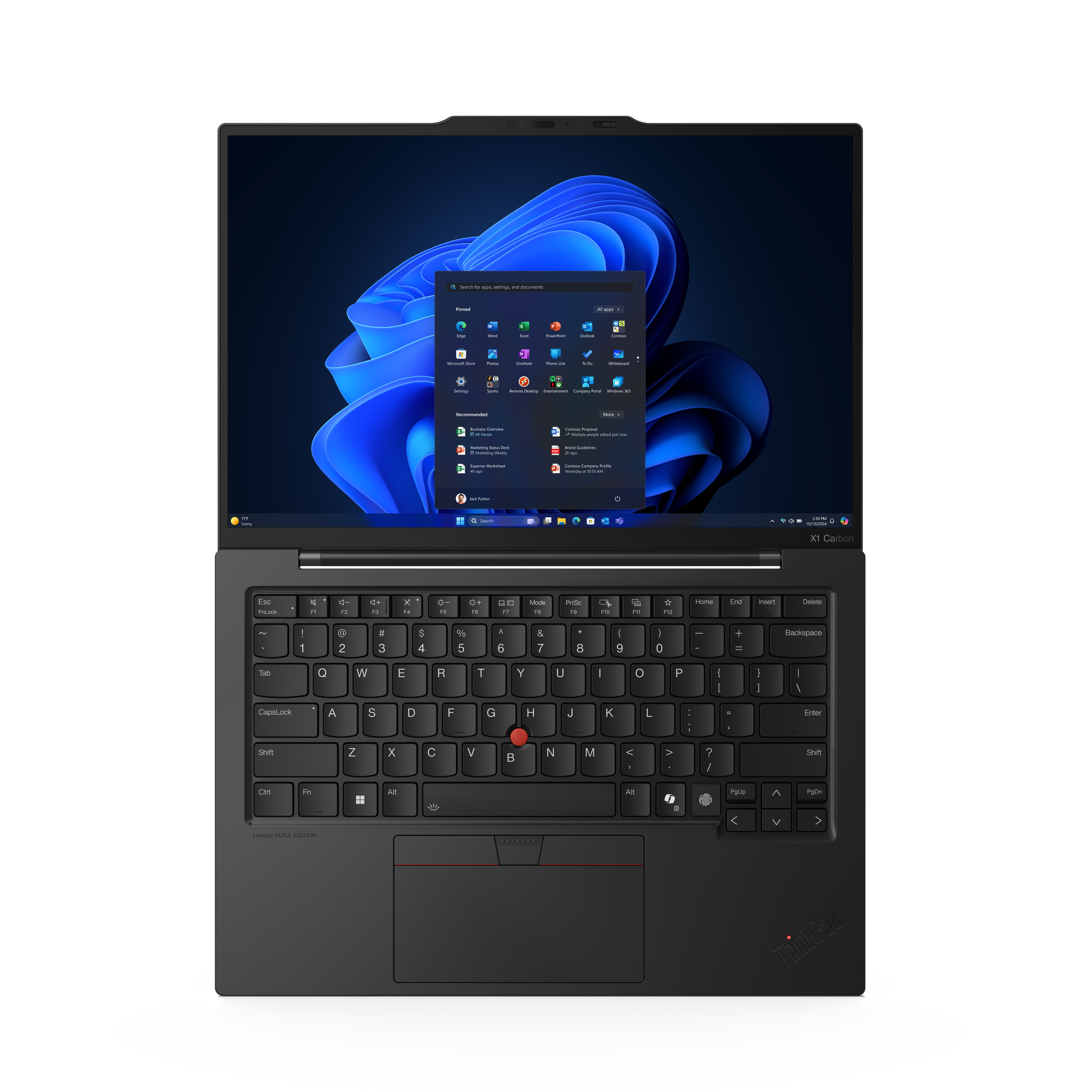 Ein schwarzer Laptop mit Windows-Oberfläche ist geöffnet. Die Tastatur ist sichtbar, mit dem ThinkPad-Logo rechts unten.
