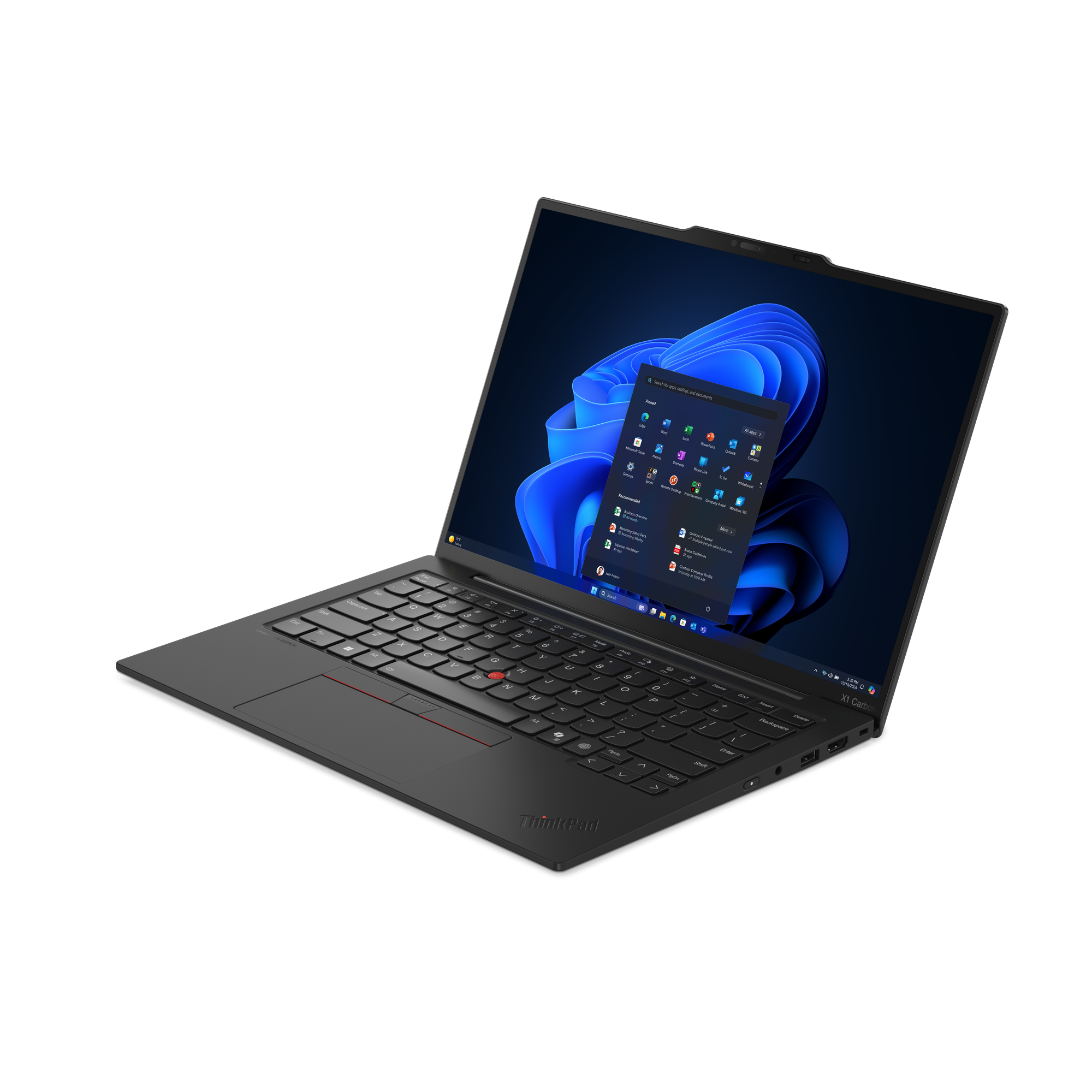 Schwarzer Laptop mit geöffnetem Bildschirm, der Windows 11 zeigt. Tastatur und Touchpad sind sichtbar.