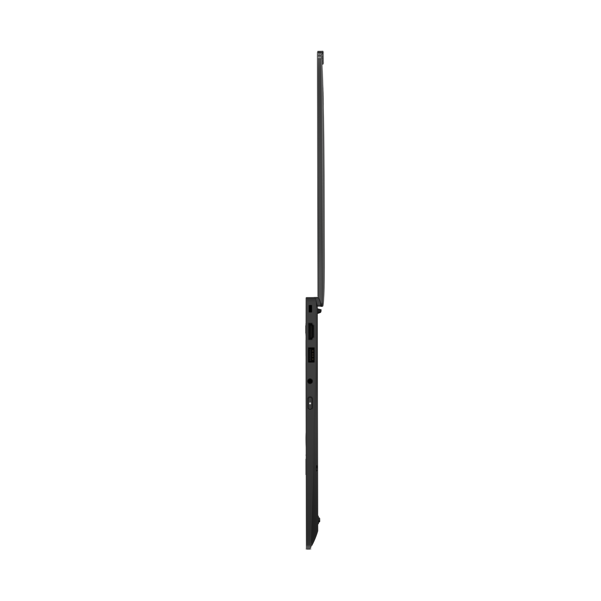 Seitenansicht eines schwarzen Laptops. Anschlüsse sind sichtbar. Der Hintergrund ist weiß.