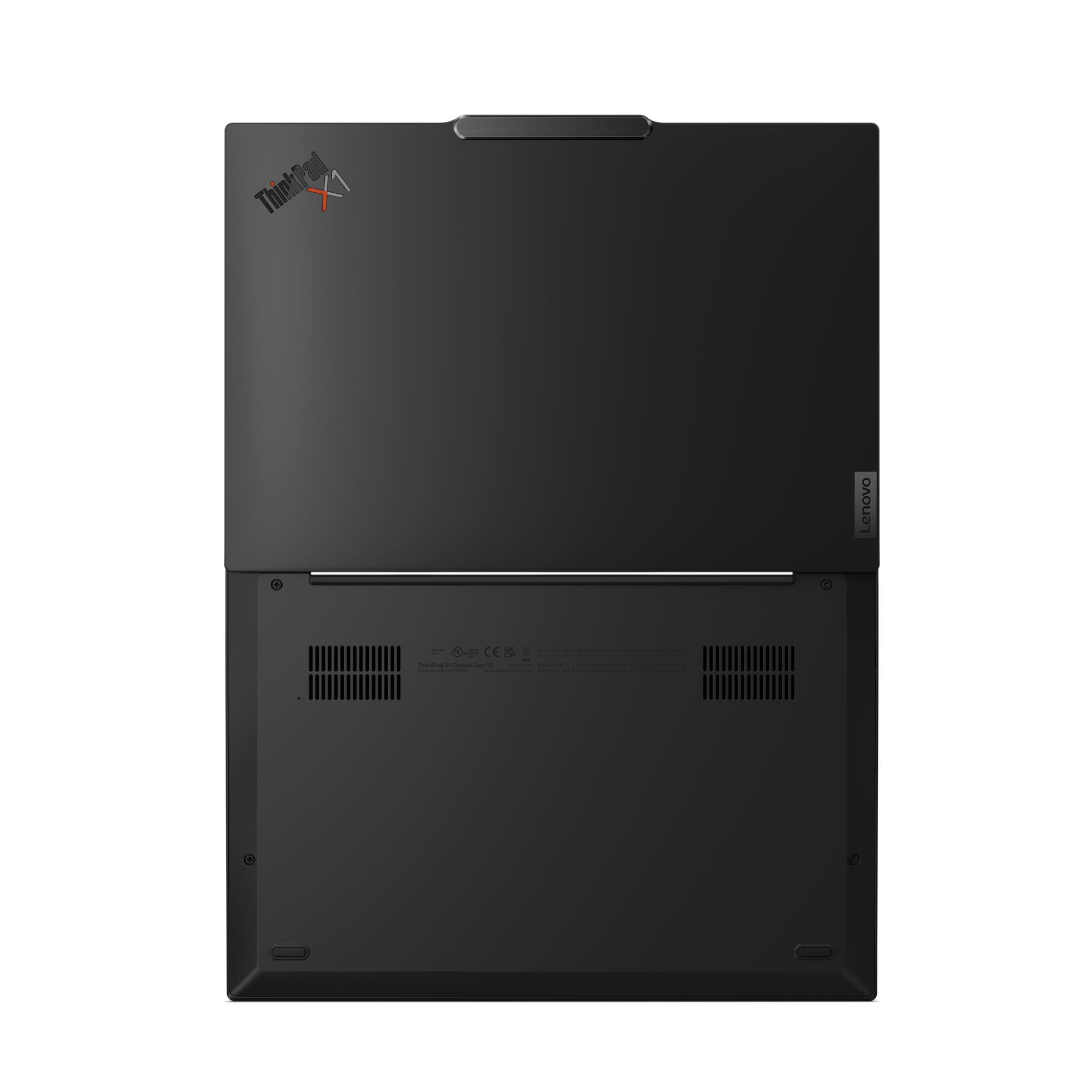 Schwarzer Lenovo ThinkPad X1 Laptop, Draufsicht. Deckel offen, Tastaturbereich und Unterseite mit Lüftungsschlitzen.