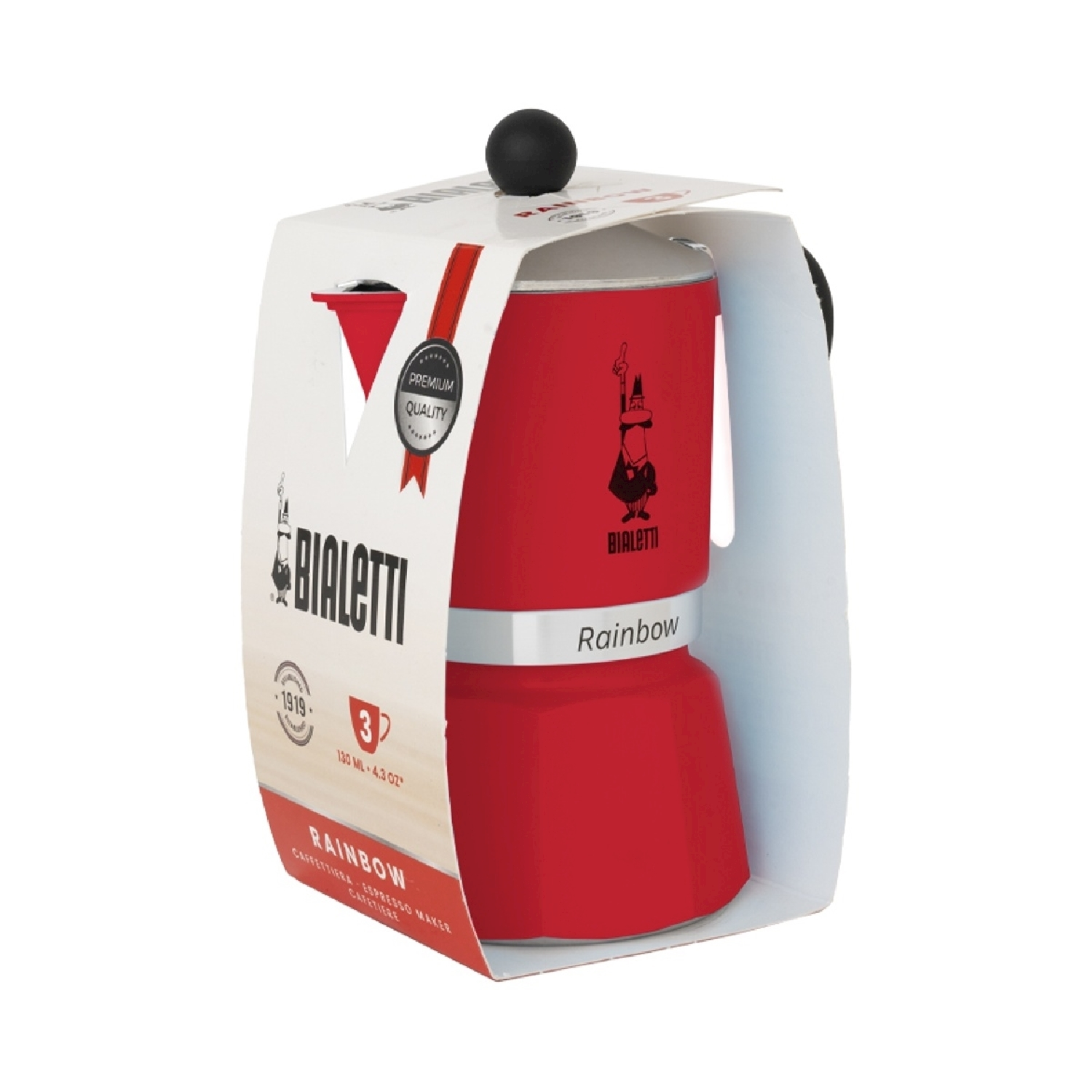 Una caffettiera espresso Bialetti Rainbow rossa nella confezione. È un modello da 3 tazze, in una scatola con il logo Bialetti e 'Rainbow'.