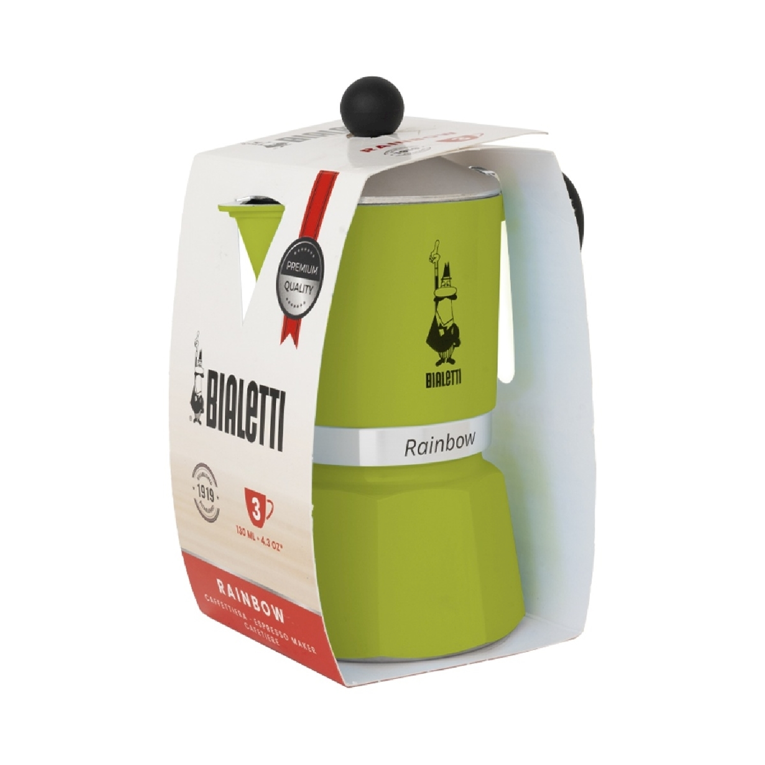 Una caffettiera espresso verde Bialetti Rainbow nella sua confezione di cartone. La confezione presenta il logo Bialetti e il testo che indica che è una caffettiera da 3 tazze.