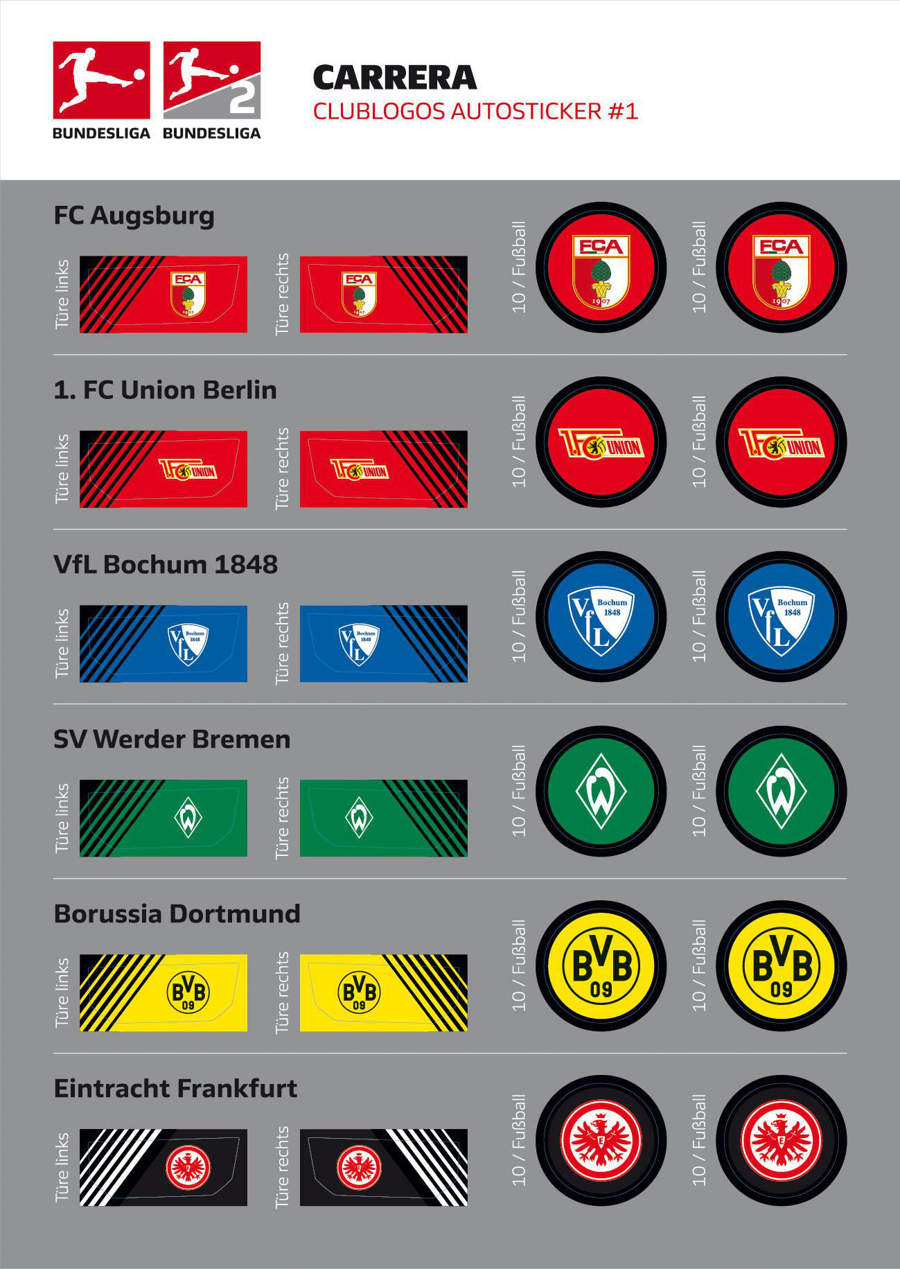 Das Bild zeigt Bundesliga-Teamlogos als Aufkleber. Enthält Logos für FC Augsburg, Union Berlin, VfL Bochum, Werder Bremen, Dortmund und Frankfurt.