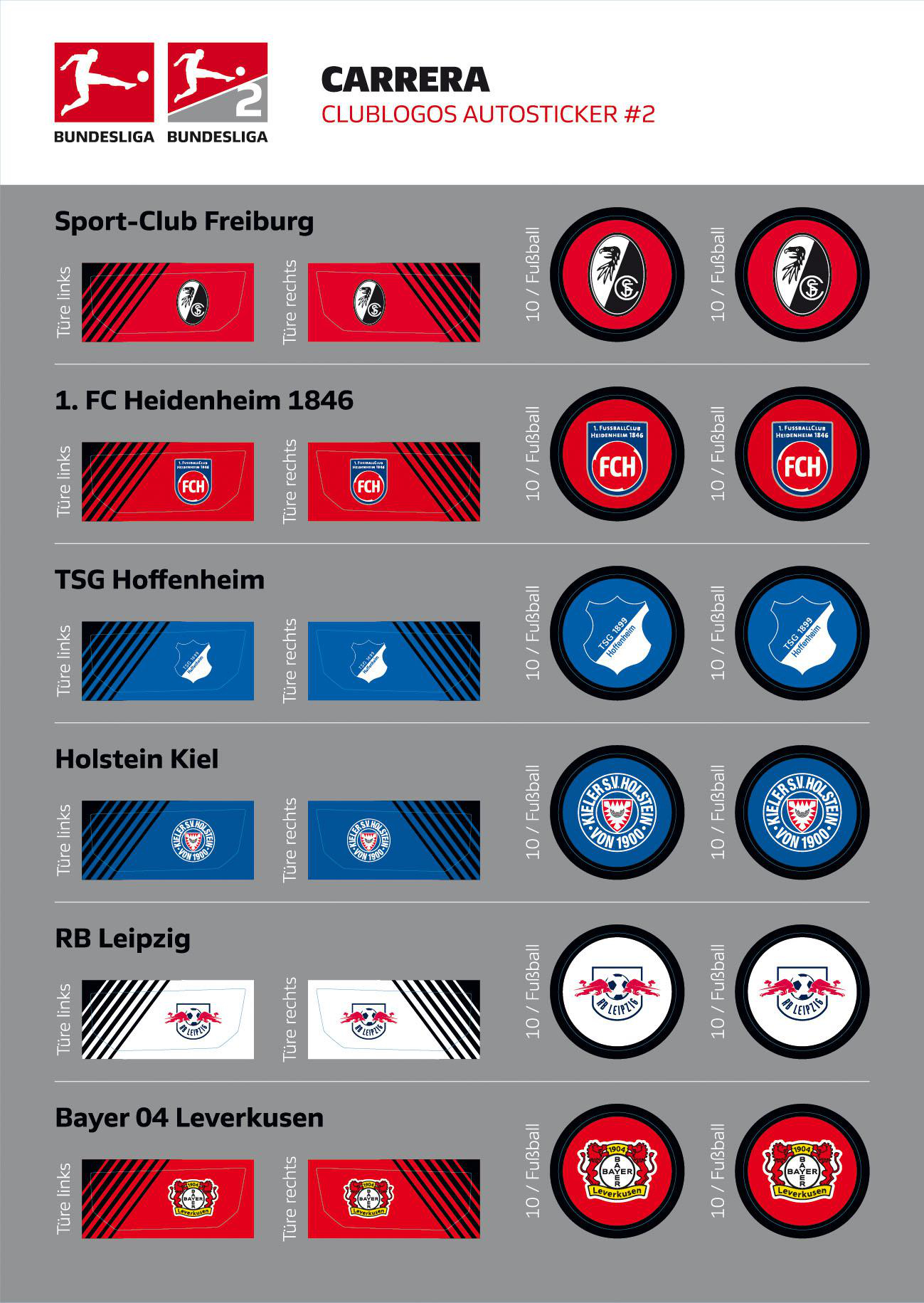 Bild zeigt Bundesliga-Teamlogos. Teams sind Freiburg, Heidenheim, Hoffenheim, Holstein Kiel, RB Leipzig und Leverkusen.