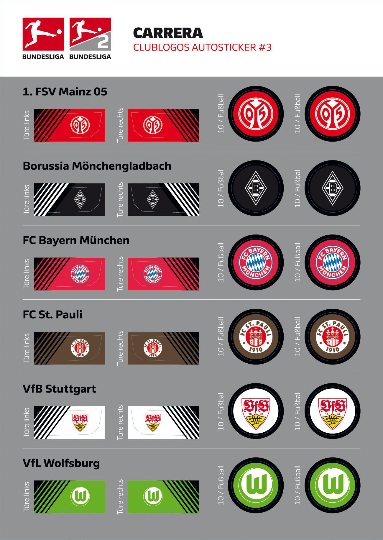 Das Bild zeigt Vereinslogos für die Bundesliga mit Teamnamen und Logos wie Mainz, Borussia, Bayern, St. Pauli, Stuttgart, Wolfsburg.