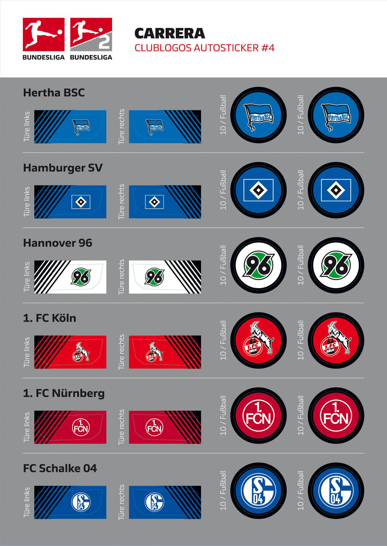 Bild zeigt Bundesliga-Teamlogos. Hertha BSC, Hamburger SV, Hannover 96, 1. FC Köln, 1. FC Nürnberg und FC Schalke 04 sind abgebildet.