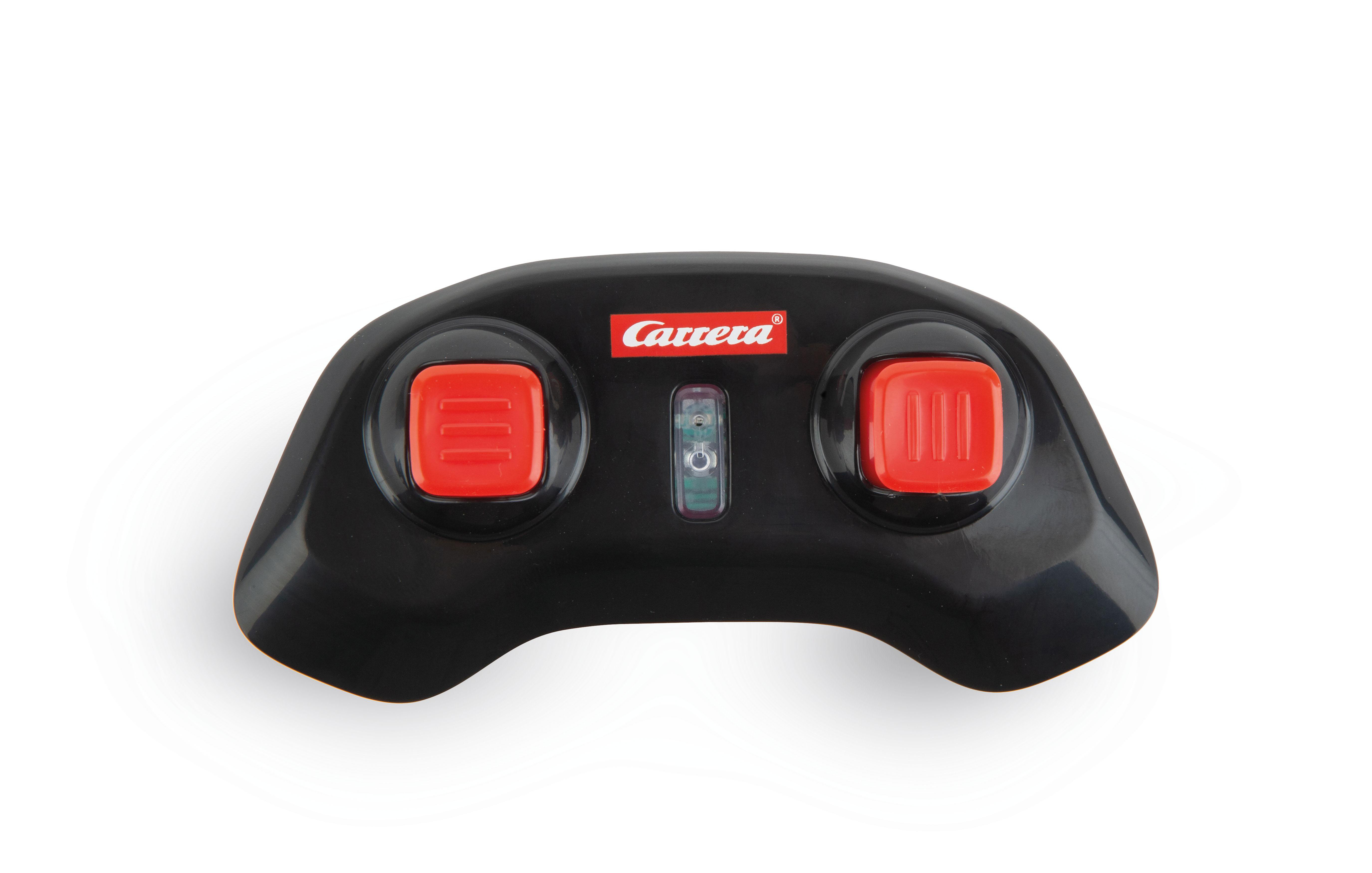 Ein schwarzer Carrera RC-Controller mit zwei roten Knöpfen und dem Carrera-Logo auf weißem Hintergrund.