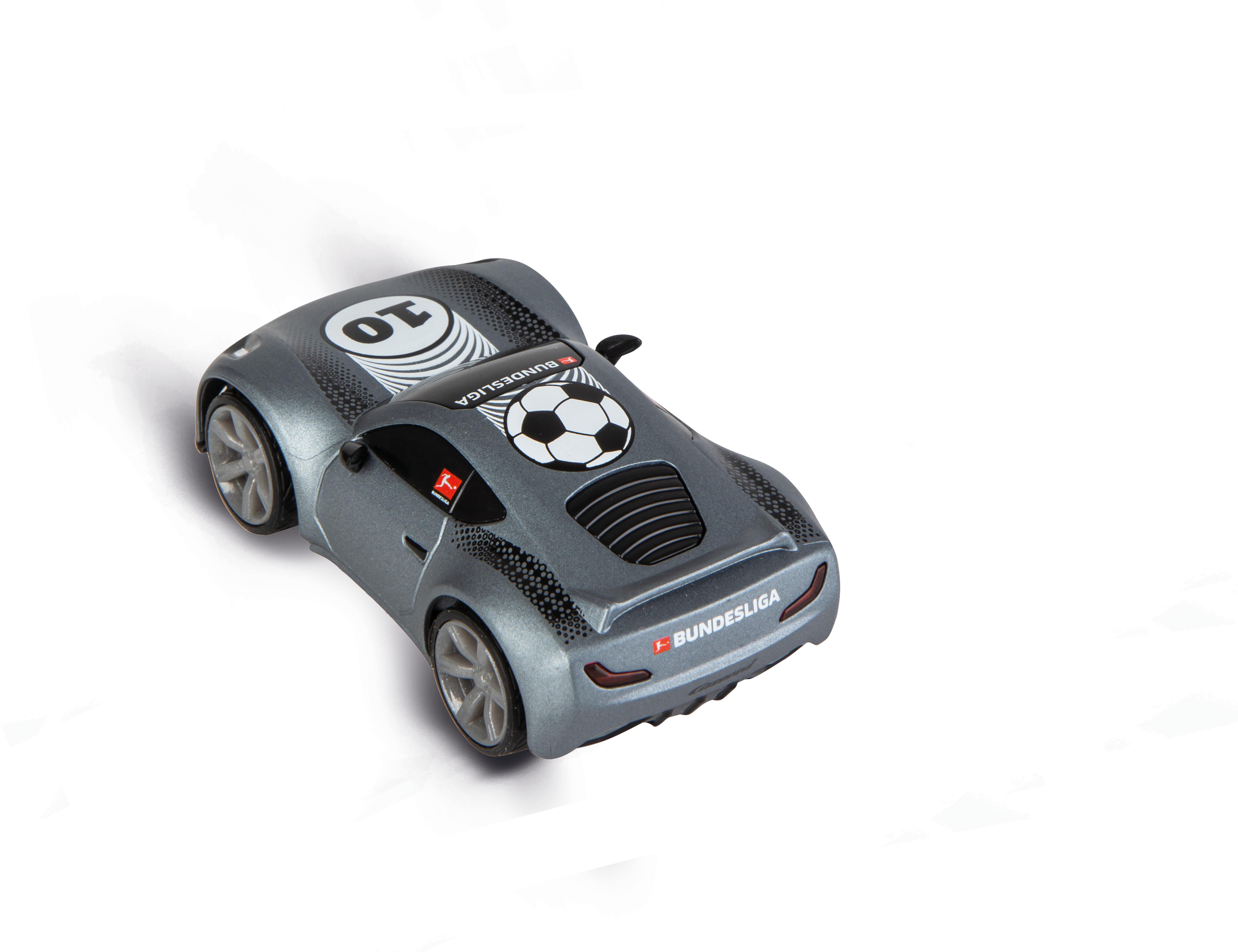Graues Spielzeugauto mit Fußball und der Zahl 10. Es hat das Bundesliga-Logo und steht auf weißem Hintergrund.