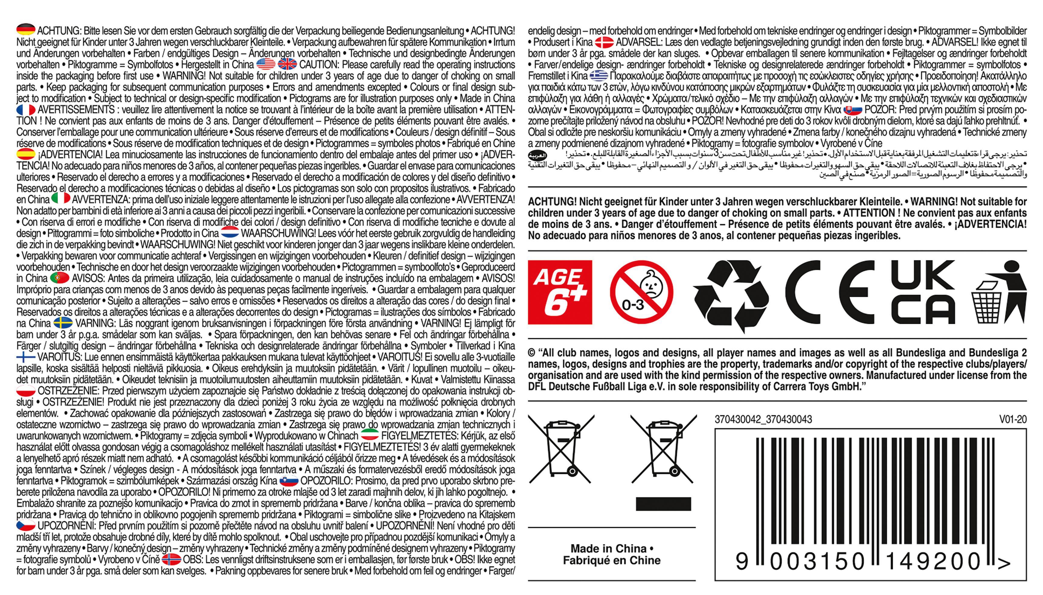 Warnhinweis mit Altersbeschränkung, Recycling-Symbolen und Produktdetails. Hergestellt in China.