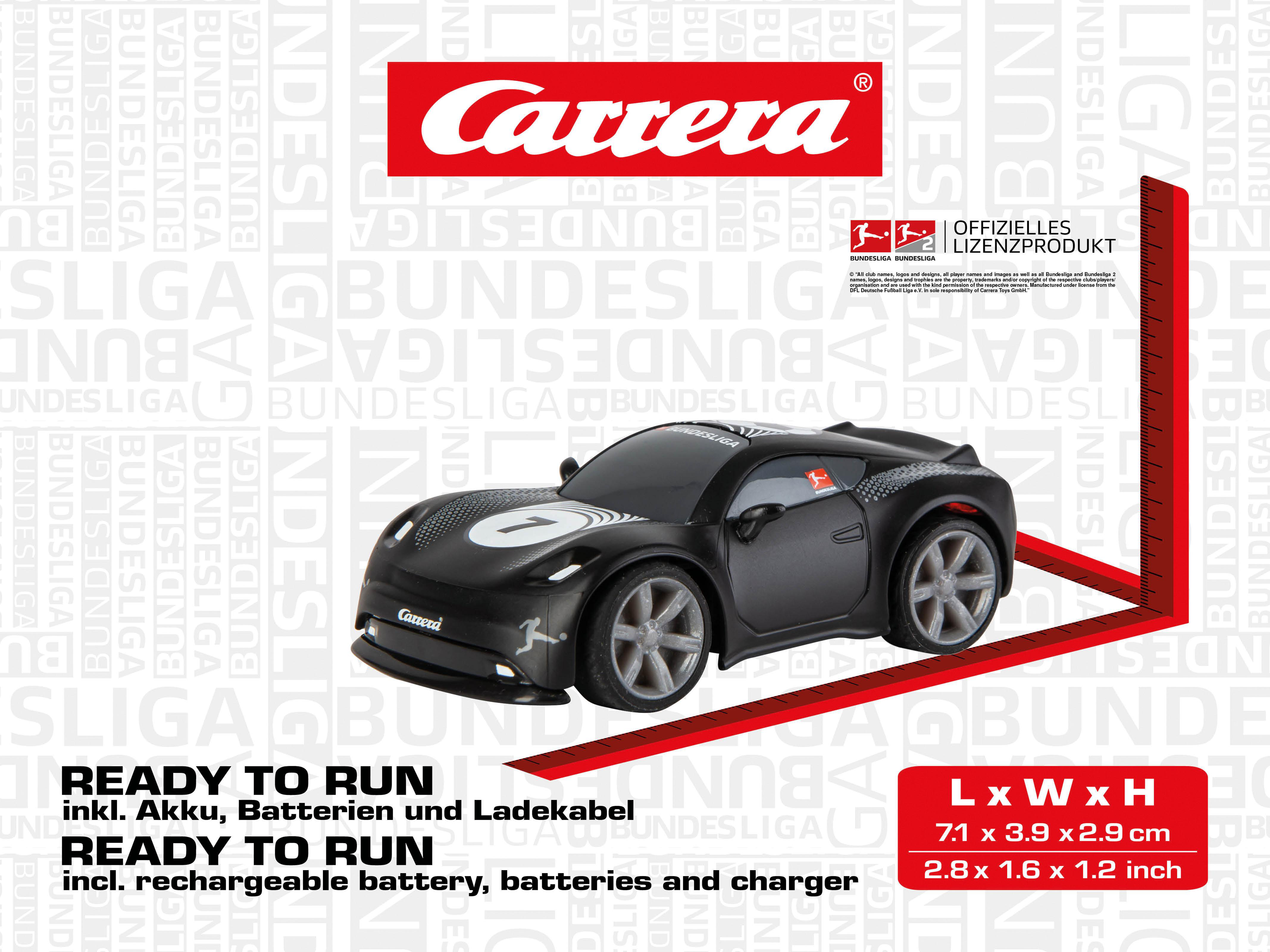 Schwarzes Spielzeugauto mit Carrera-Logo, Nummer 7 und Bundesliga-Branding auf weißem Grund.