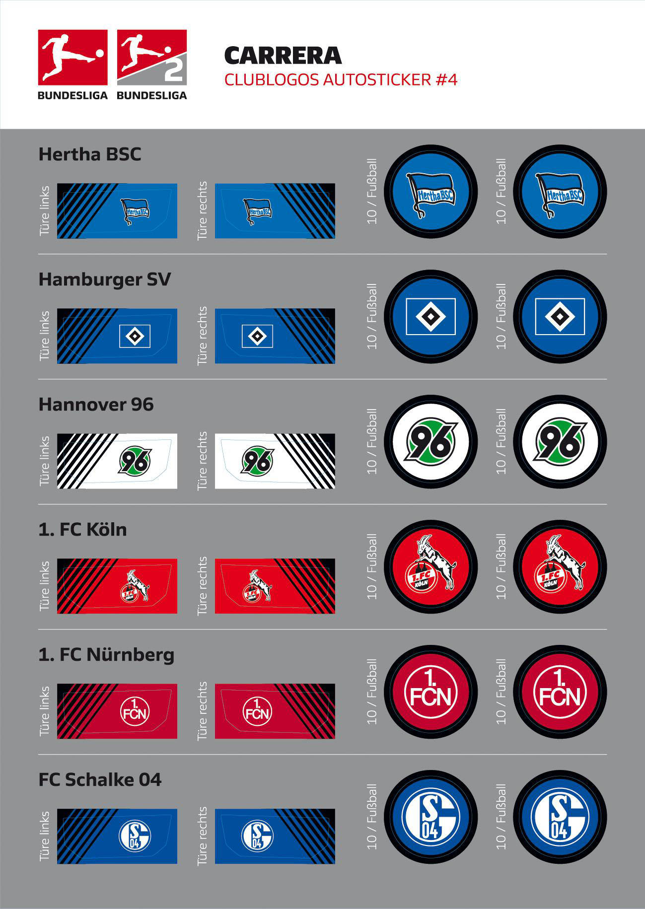 Bild zeigt Bundesliga-Logos und Autoaufkleber. Logos für Hertha BSC, Hamburger SV, Hannover 96, 1. FC Köln, 1. FC Nürnberg und FC Schalke 04.