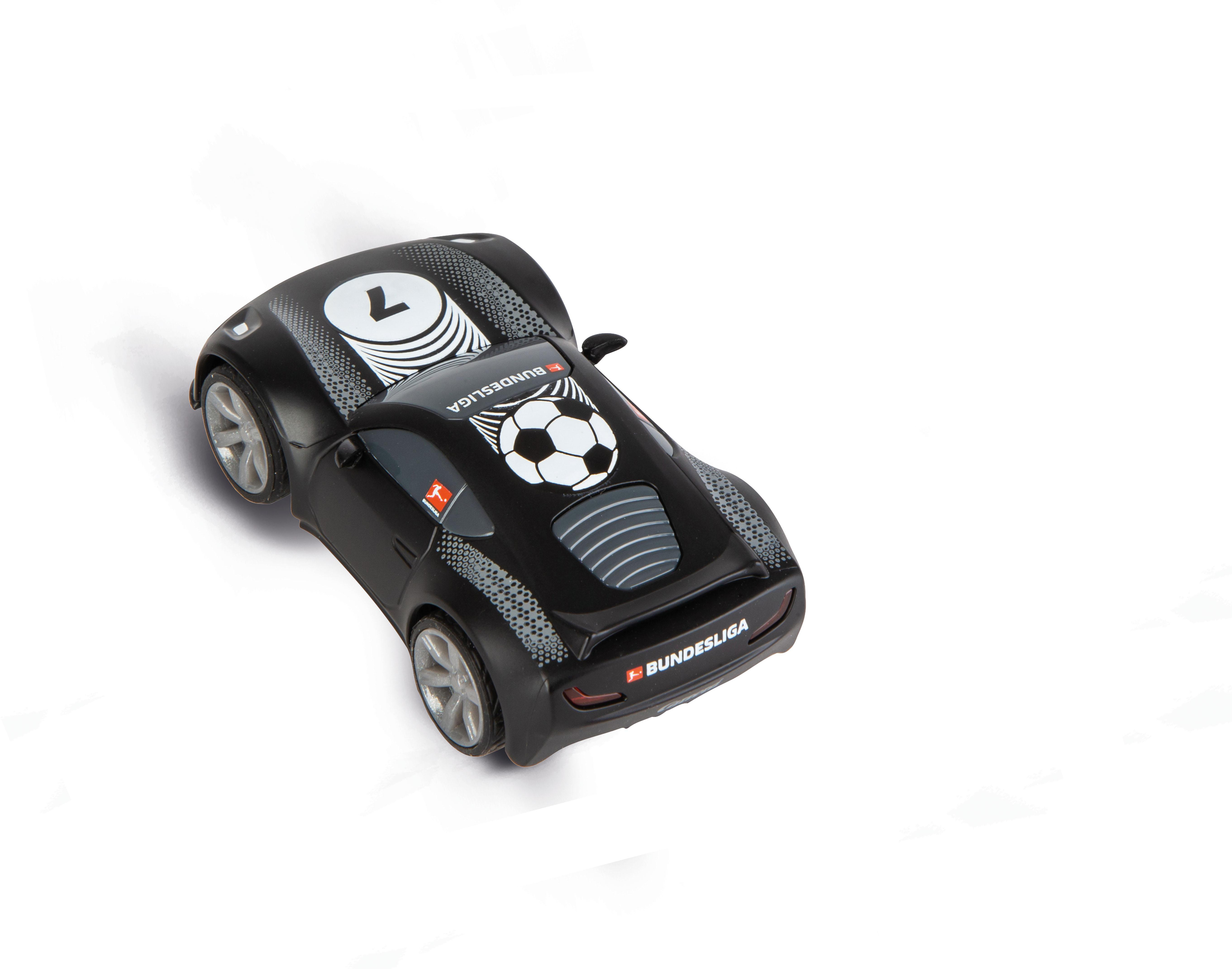 Ein schwarzes Spielzeugauto mit Fußball-Design und dem Wort 'Bundesliga' auf weißem Hintergrund.