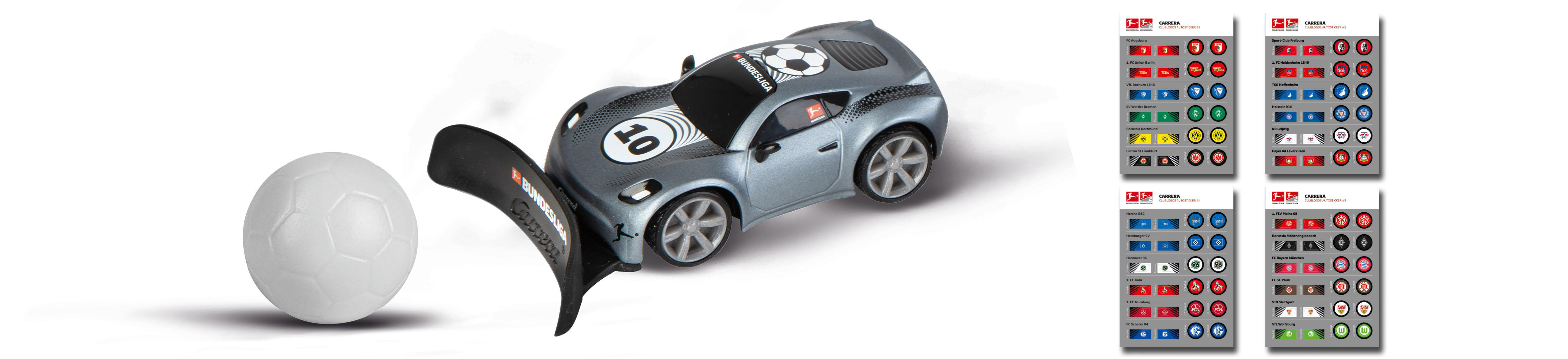 Spielzeugauto mit Fußball und Aufklebern. Das Auto ist grau mit dem Bundesliga-Logo. Der Fußball ist weiß.