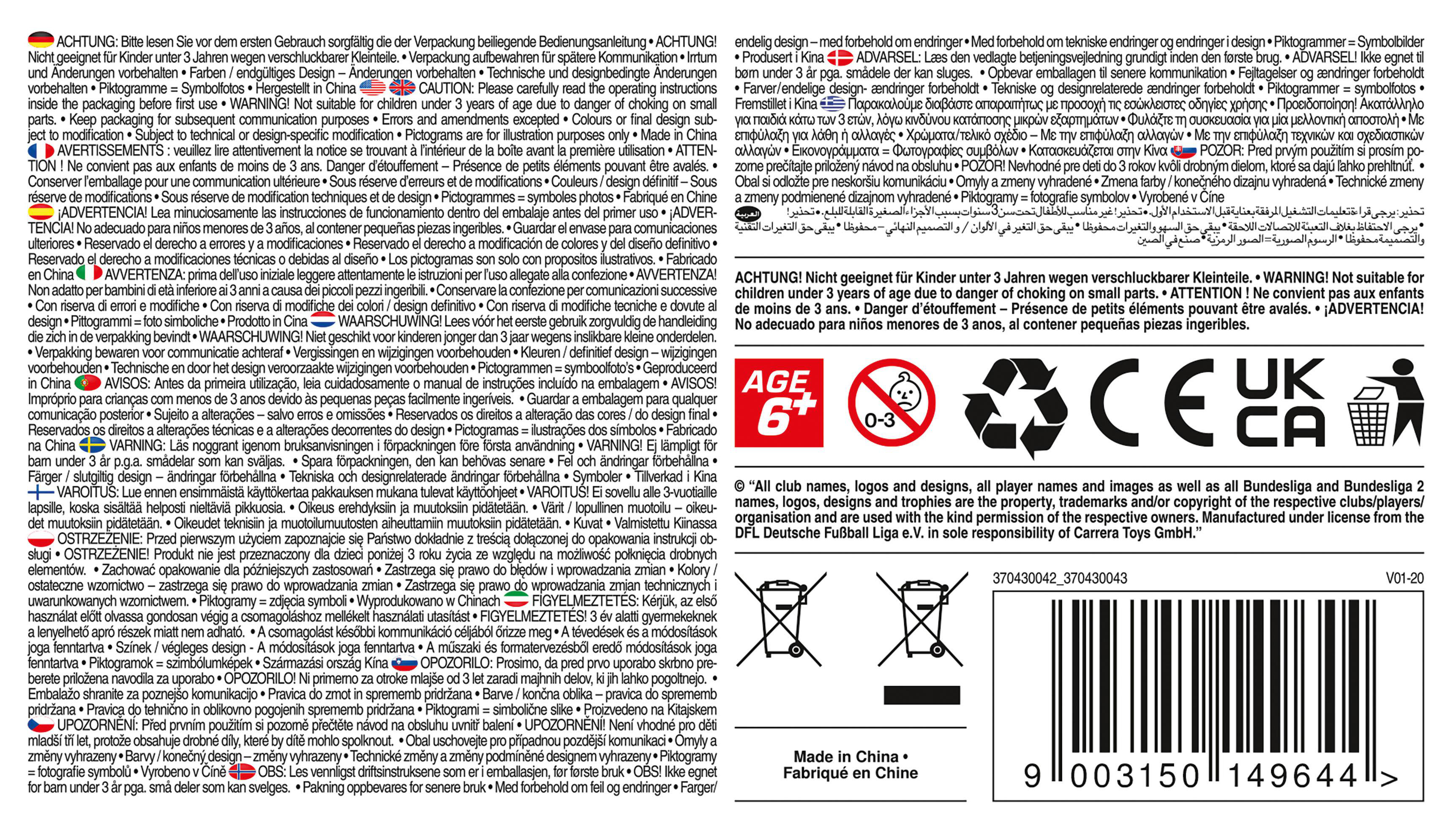 Warnhinweis. Enthält Warnungen vor Erstickungsgefahr und Alterseignung. Enthält Recycling-Symbol und Barcode.