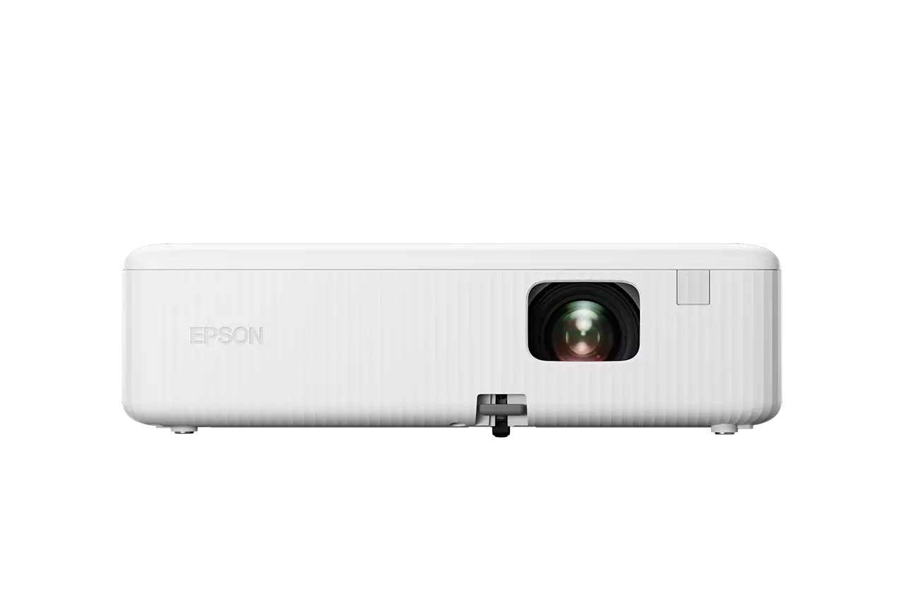 Fehér Epson projektor fekete háttéren. Van rajta lencse, a márkanév és néhány gomb.