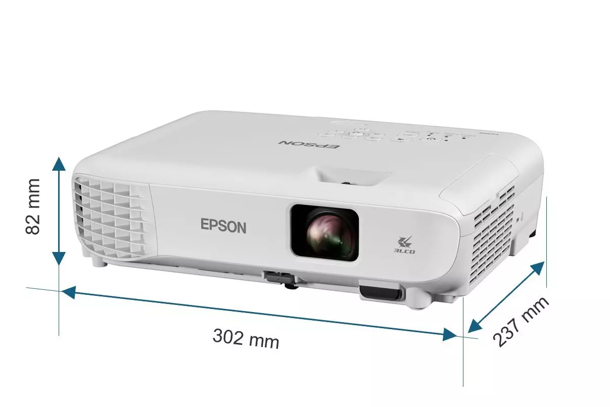 Egy fehér Epson projektor, méretekkel. A lencse látható. Az Epson logója felül és elöl található.