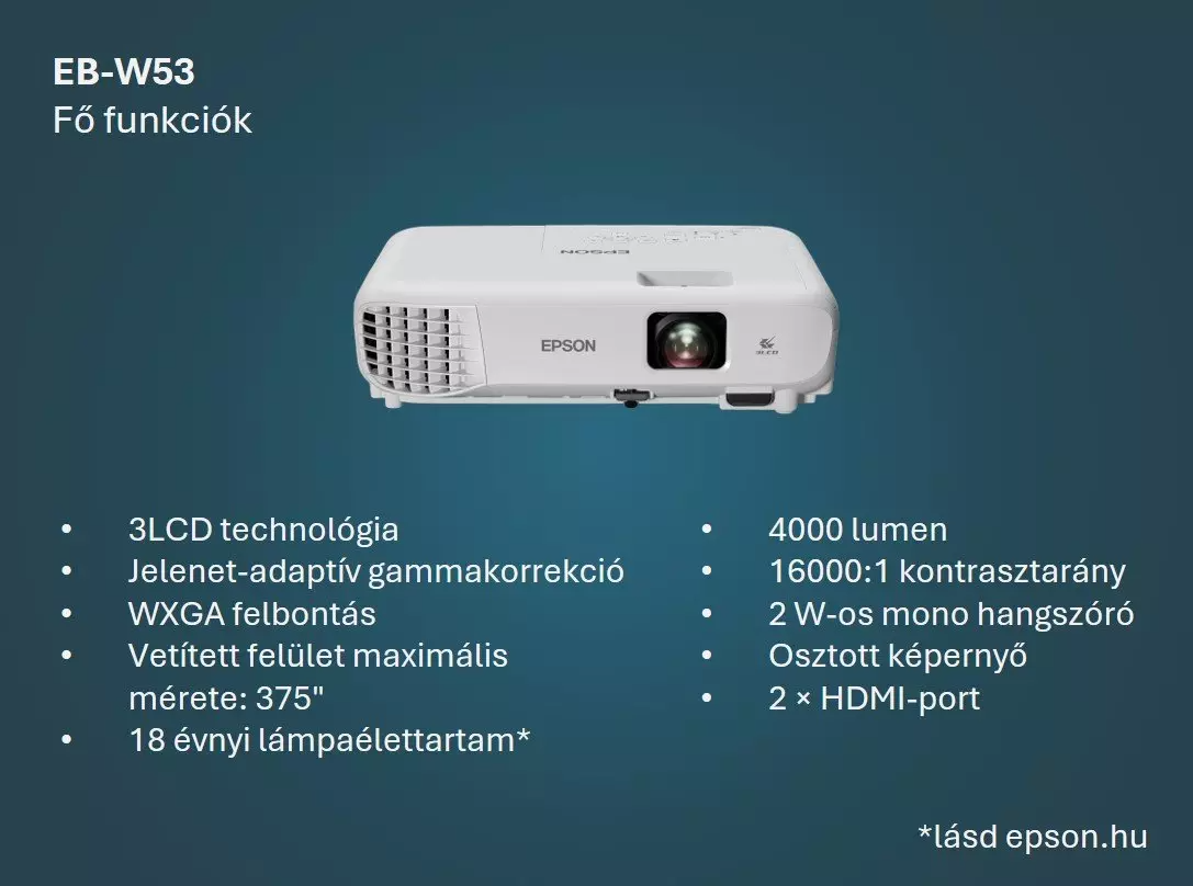 Fehér Epson projektor specifikációkkal. 3LCD technológia, 4000 lumen és 2 HDMI port is található.