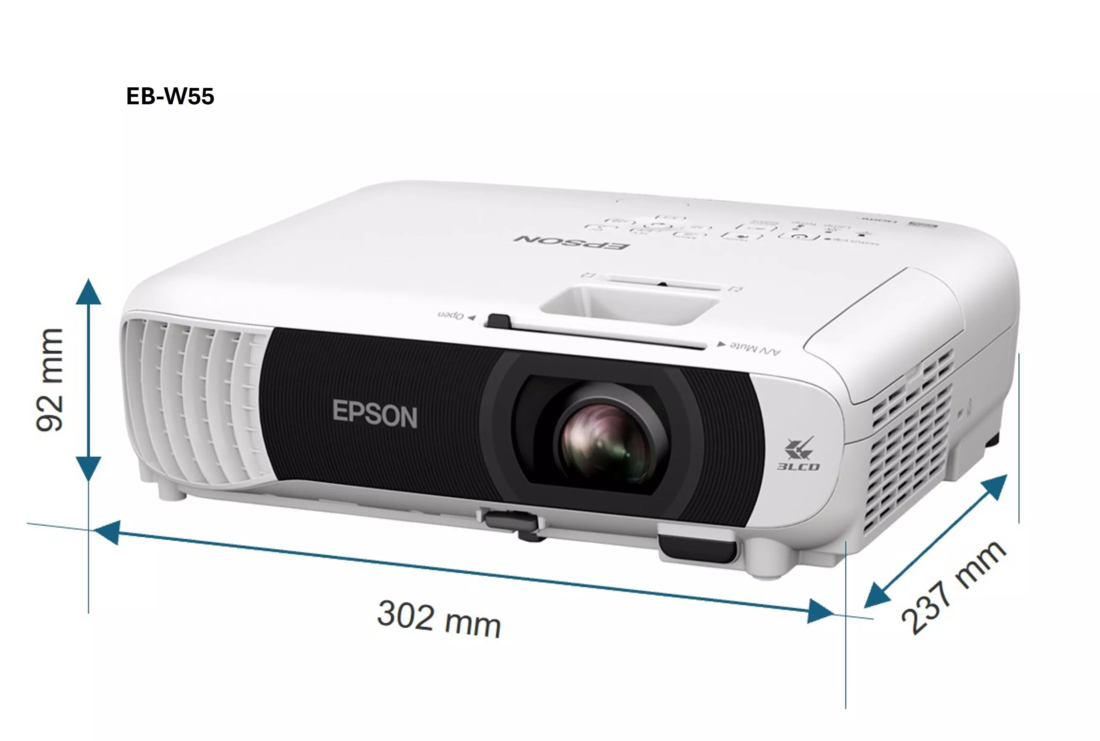 Fehér Epson EB-W55 projektor. Méretek: 302mm x 237mm x 92mm. A lencse kiemelkedő, az Epson logóval.