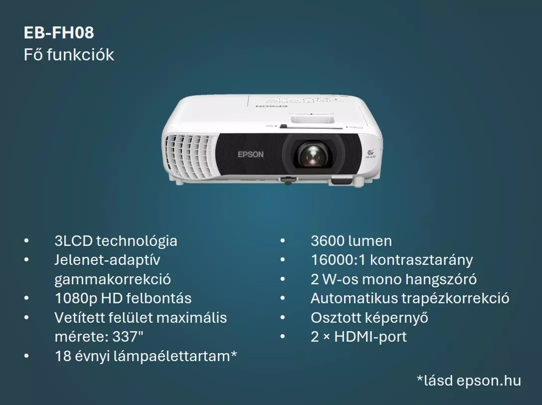 Egy fehér Epson projektor. Jellemzők: 3LCD technológia, 3600 lumen, maximum 337 colos képernyőméret.