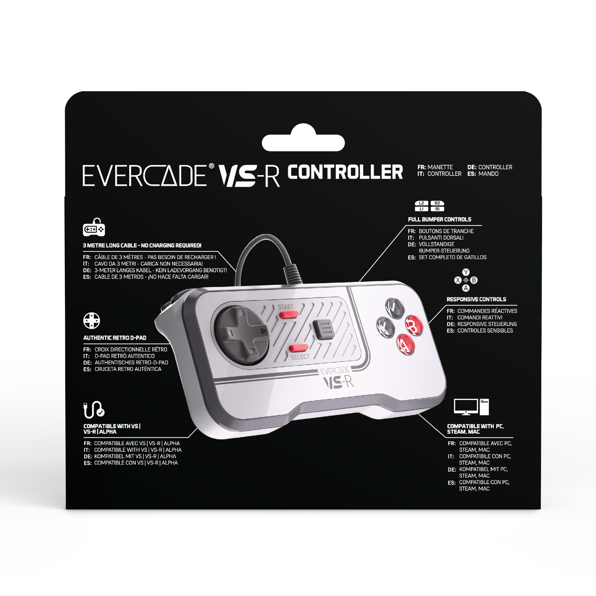 Das Bild zeigt einen weißen Evercade VS-R Controller auf schwarzem Hintergrund. Es hat Knöpfe, ein Steuerkreuz und ein Kabel.