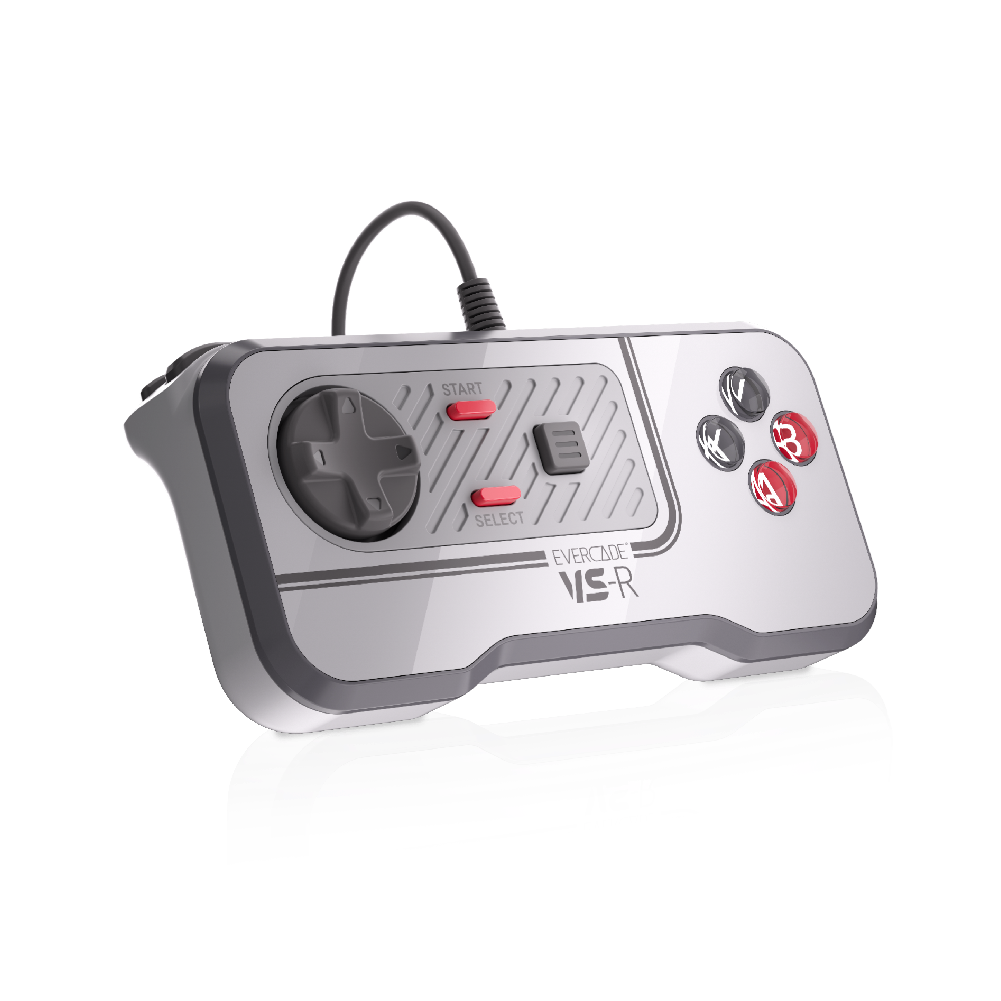 Ein weiß-grauer Evercade VS-R-Controller. Er hat ein Steuerkreuz, Tasten und rote Start/Auswahltasten. Spiegelung auf der Oberfläche.