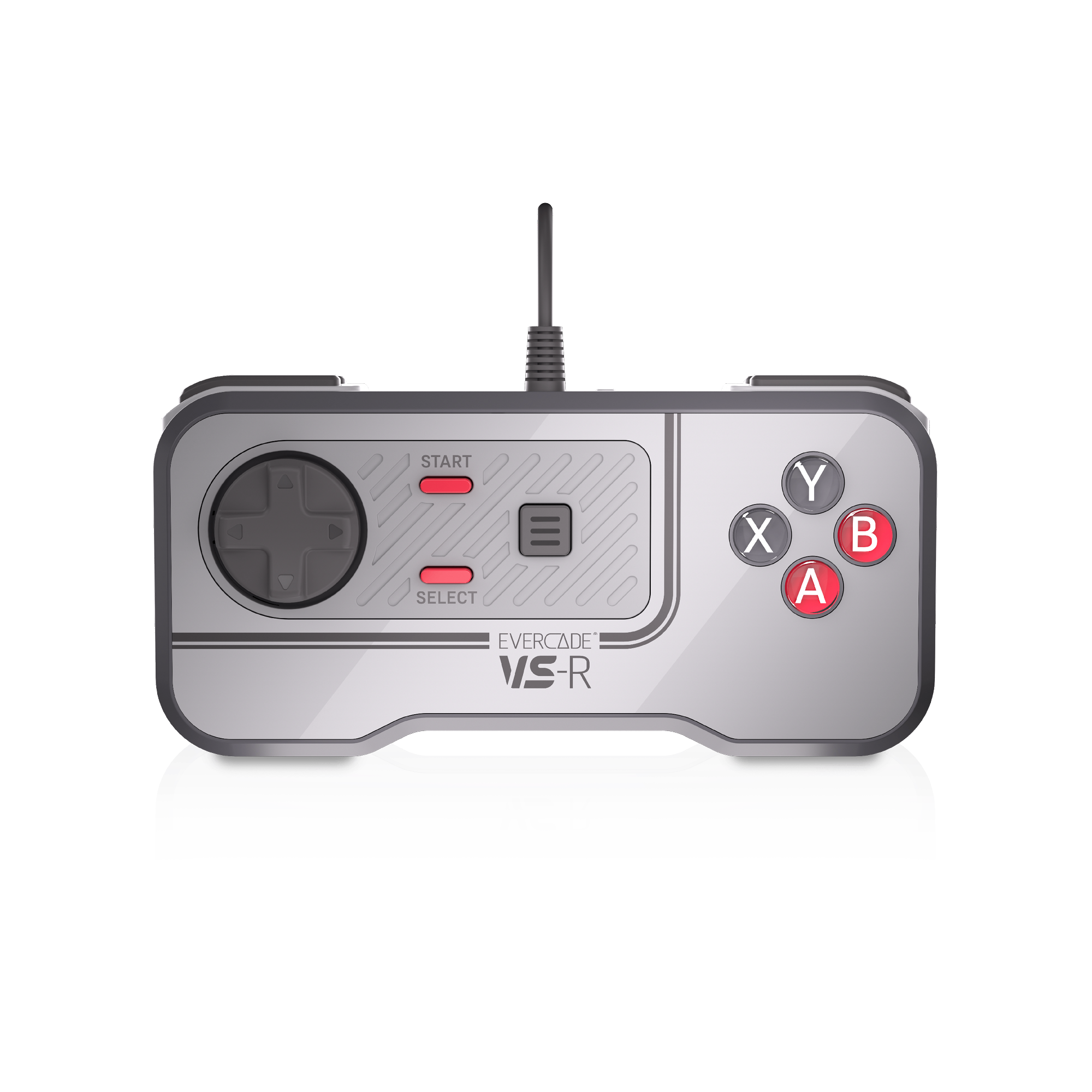 Ein silberner Evercade VS-R-Controller. Er hat ein Steuerkreuz, Start- und Auswahltasten sowie X-, Y-, A- und B-Tasten. Er hat ein schwarzes Kabel.