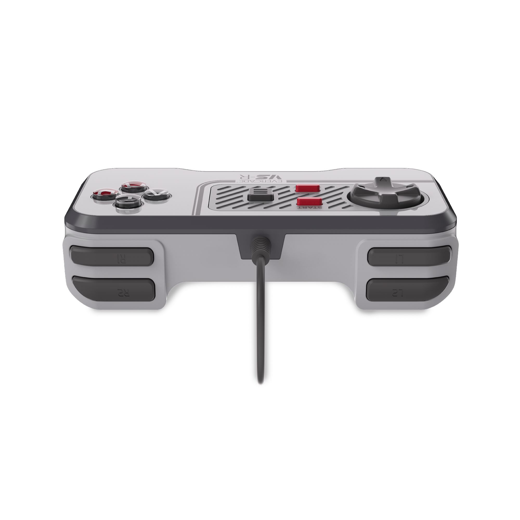 Ein grau-weißer Gamecontroller mit Tasten und einem Steuerkreuz. Er hat ein schwarzes Kabel, das nach unten verläuft.