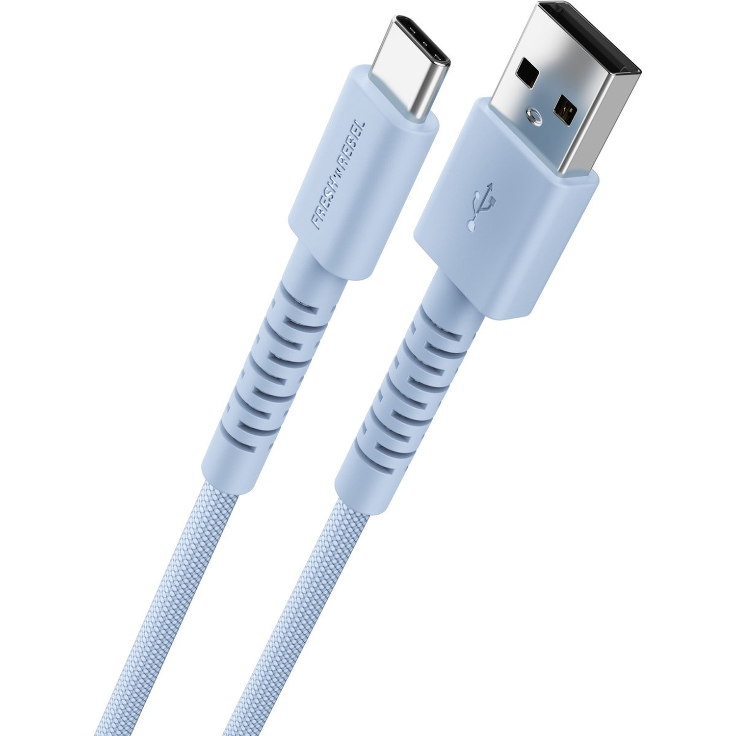 Un câble USB-C vers USB-A bleu clair. Une extrémité est USB-C, l'autre USB-A. Le câble est tressé.