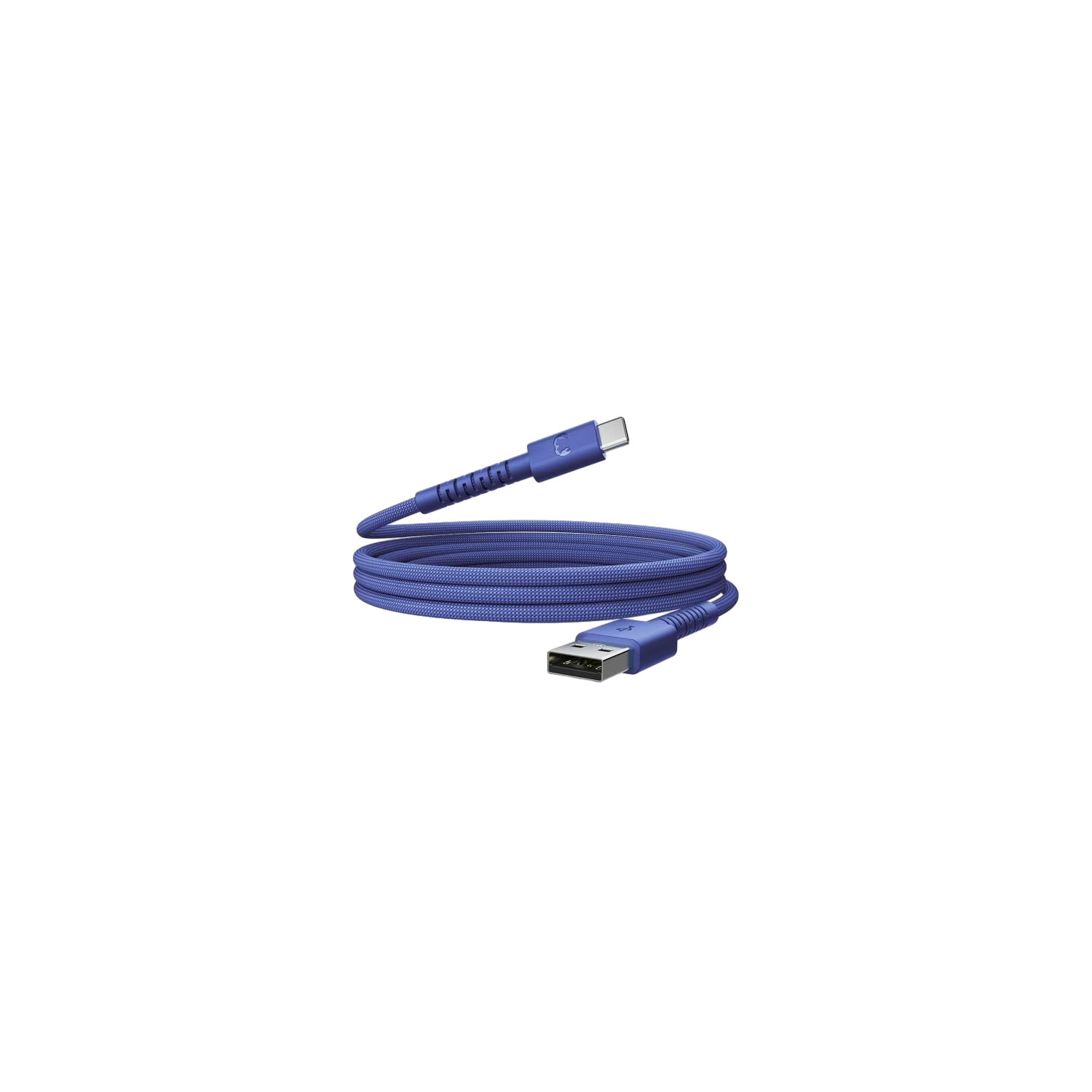 A blue USB-C to USB-A cable is coiled against a black background. The cable has a textured fabric and connectors on each end.