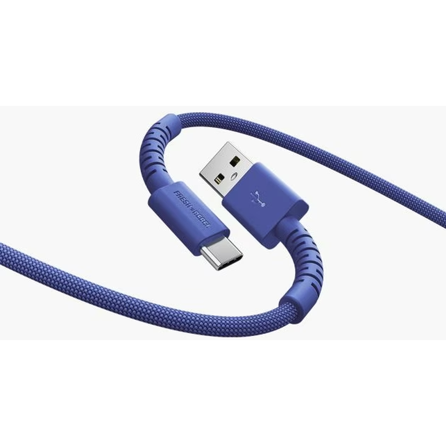 A blue USB cable with a USB-A and USB-C connector. The cable is braided. The brand name, 'Fresh 'n Rebel', is printed on the USB-C end.