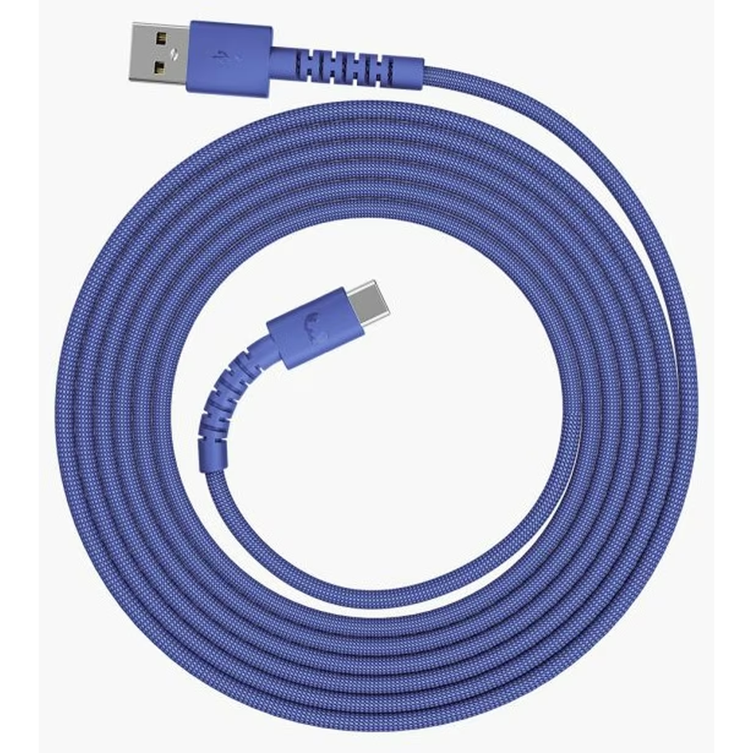 A blue USB cable with a USB-A and USB-C connector is coiled. The cable has a fabric-like texture.