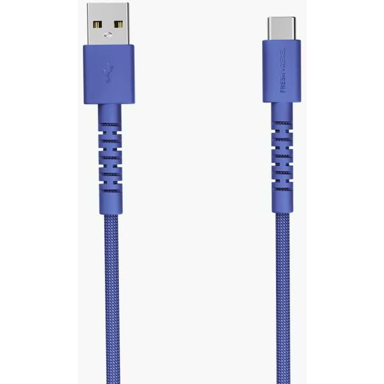 Two blue USB cables. One with a USB-A connector, the other with a USB-C connector, both with a textured cable and white background.