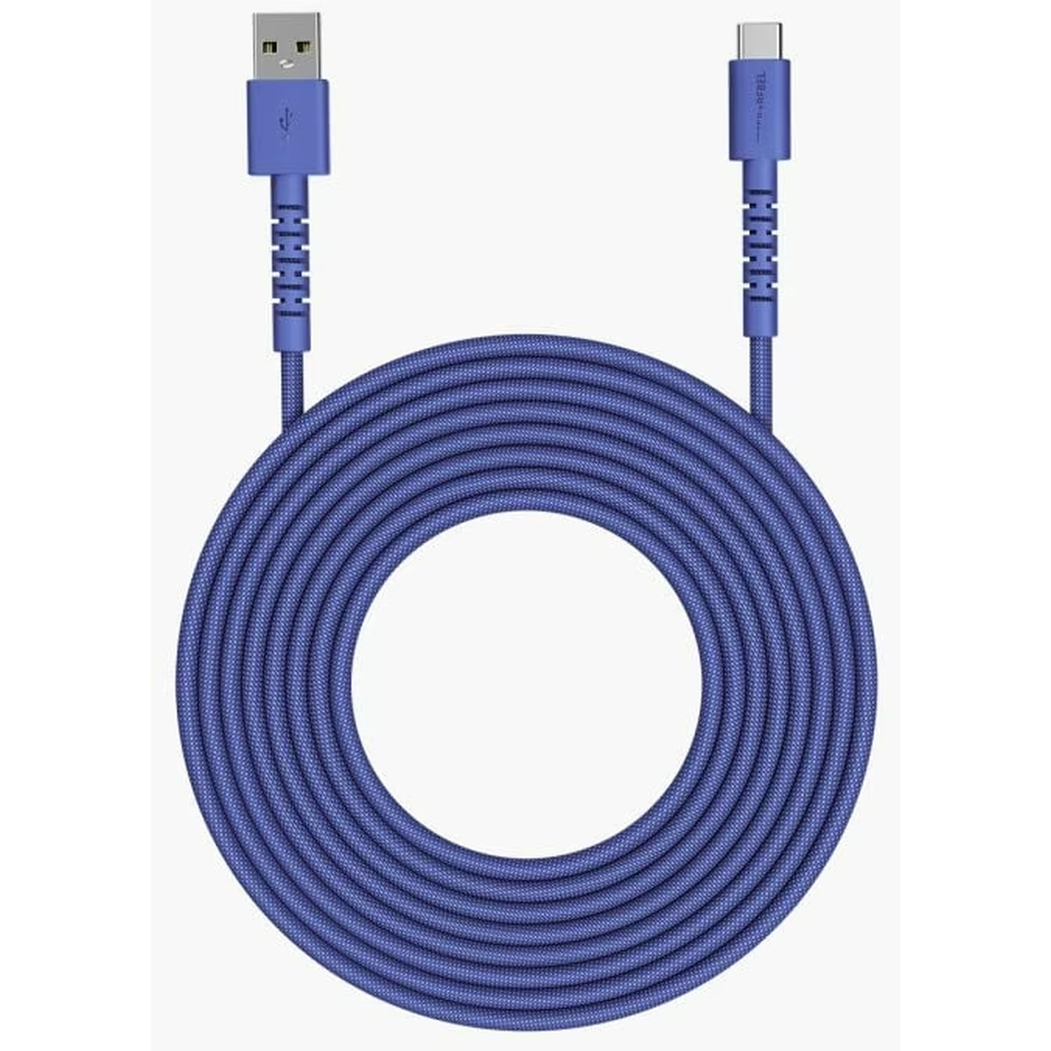 A blue USB charging cable with a USB-A and USB-C connector. The cable is coiled into a circle.