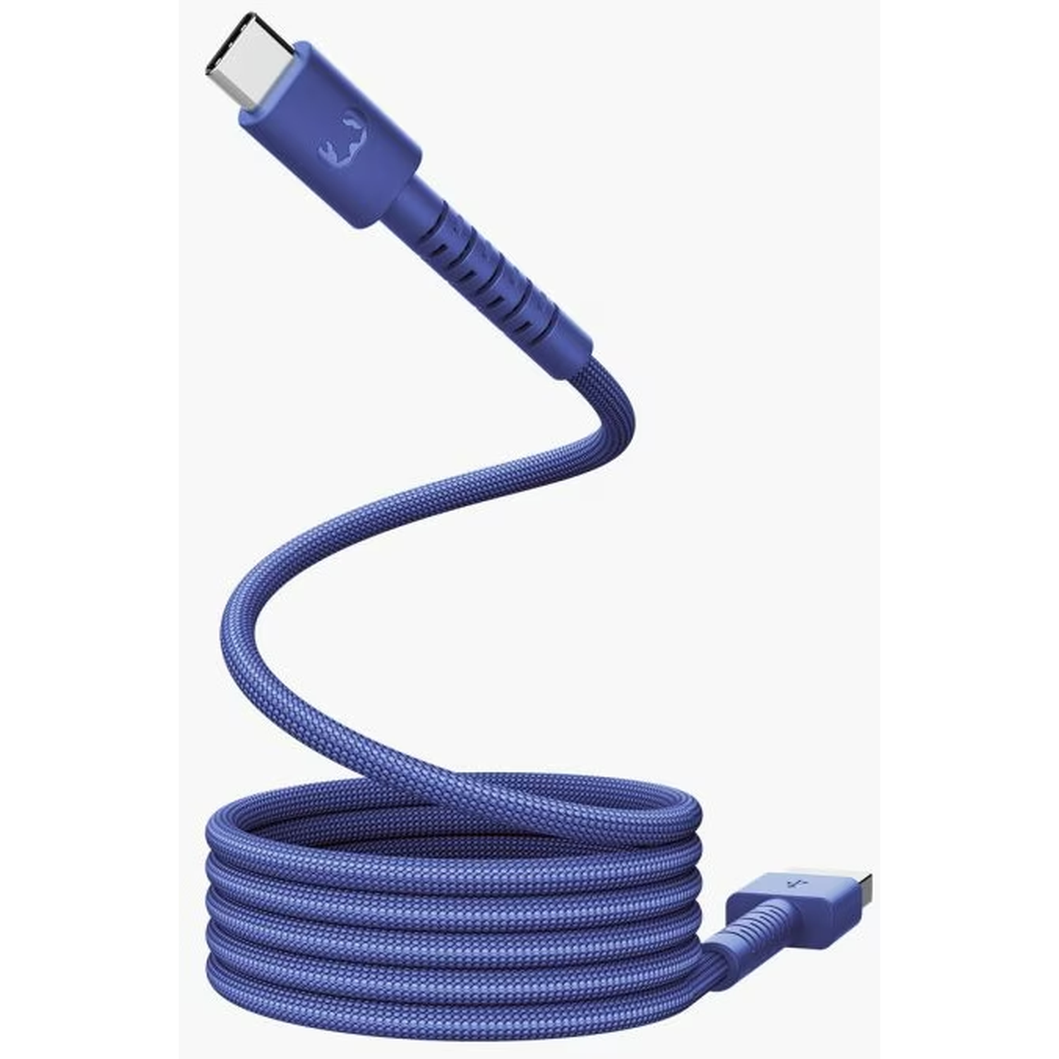 A blue USB-C charging cable. It is coiled at the bottom and has a USB-C connector at the top and a USB connector at the bottom.
