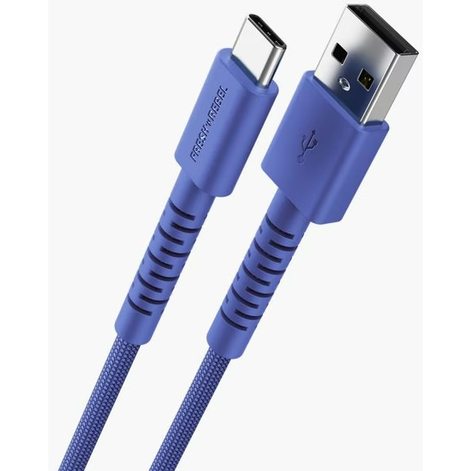 A blue USB charging cable with a USB-C and a USB-A connector. The cable has a textured design and the brand name is visible.