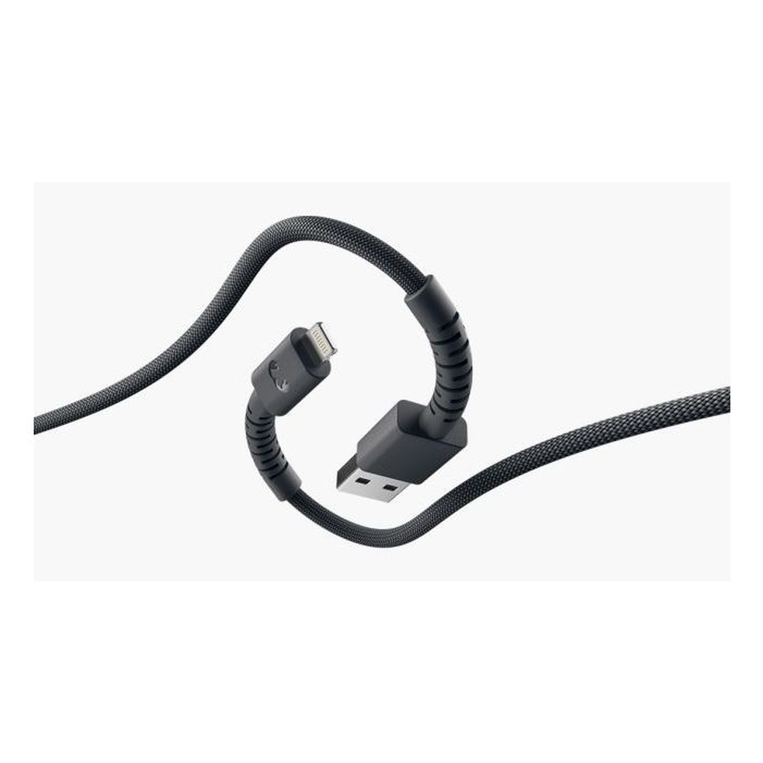 A black USB charging cable is shown against a white background. The cable has a USB-A connector and a lightning connector.