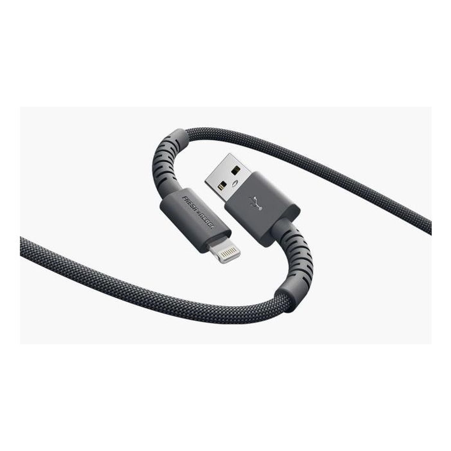 A black USB charging cable. One end is USB, the other is lightning. The cable has a braided texture.