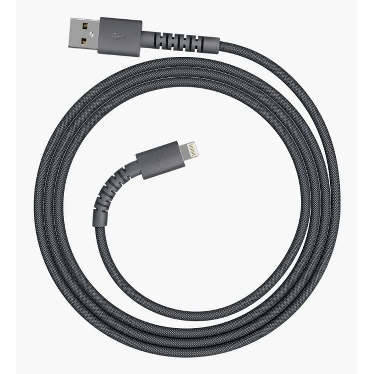 A dark gray USB to Lightning cable, coiled on a white background. The cable has a USB-A connector and a Lightning connector.