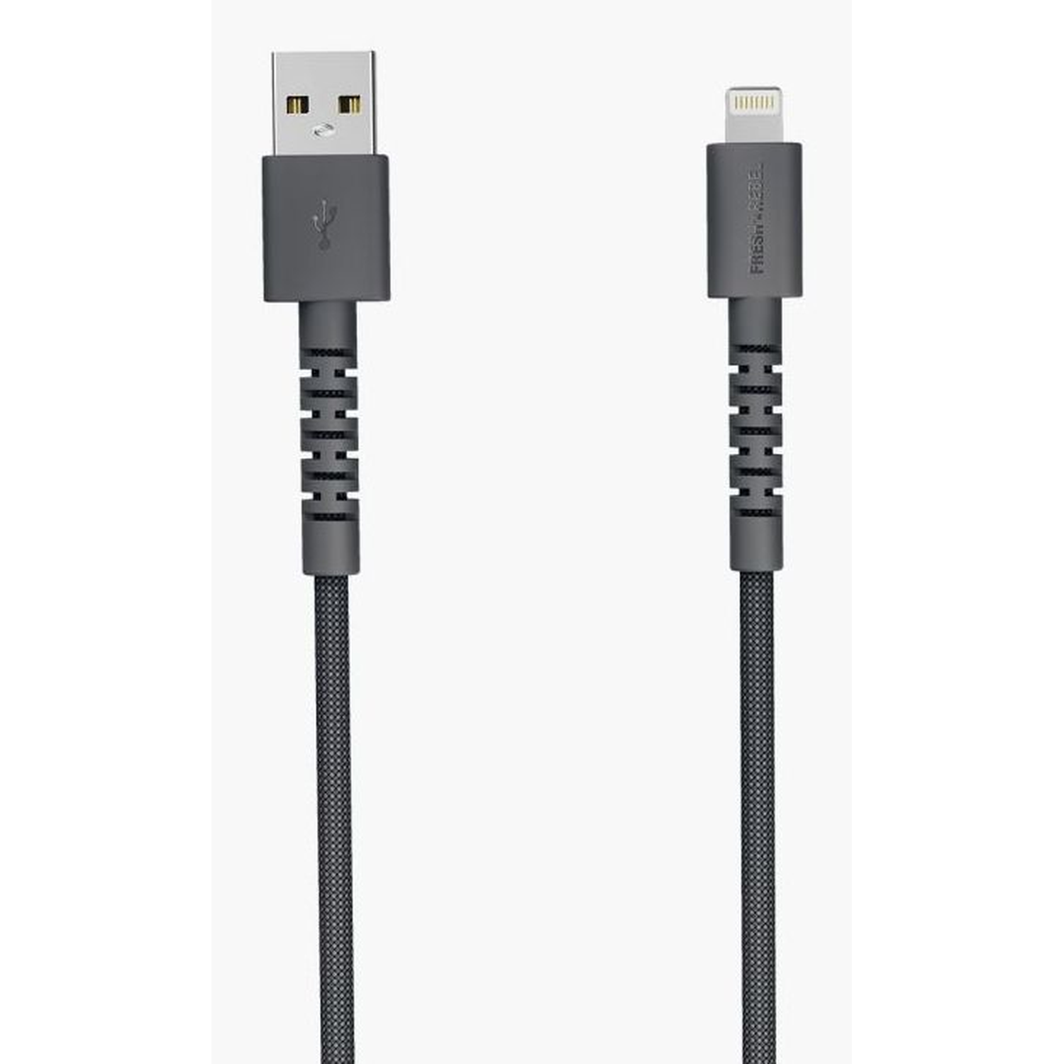 A USB to Lightning charging cable. The connectors are gray. The cable itself is black with a textured pattern. The background is white.